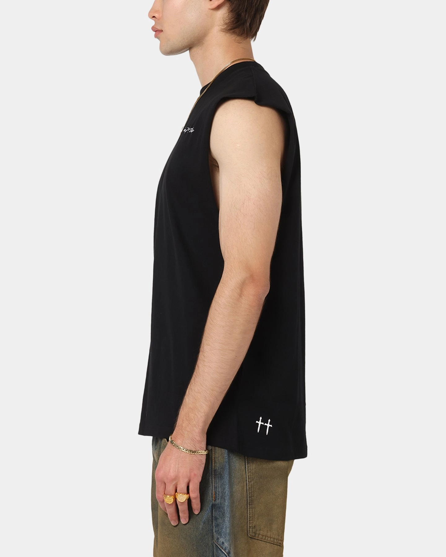 Lint Resistant Surface Leather combination Saint Morta Scription Oversized Muscle T-Shirt Black