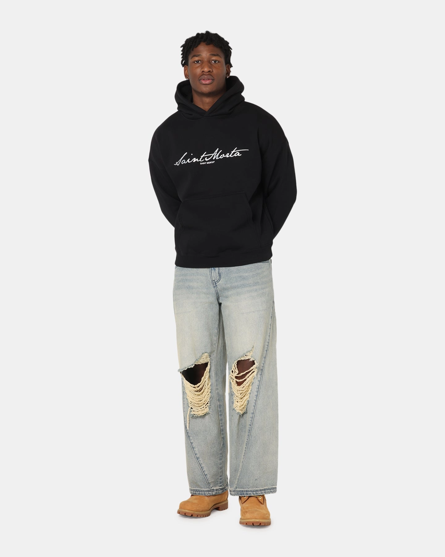 Saint Morta Scripture Boxy Hoodie Black Modern Streetwear Adjustable Drawstring Hood