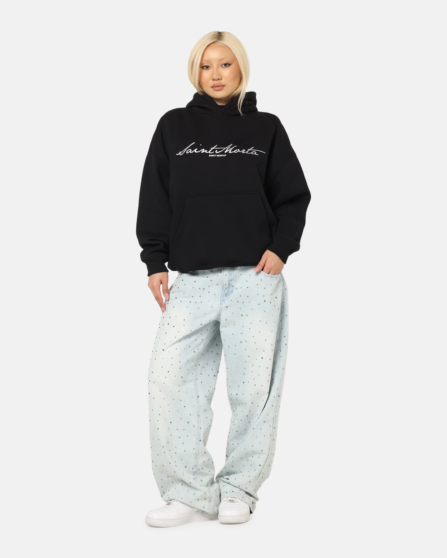 Rugged Texture Saint Morta Scripture Boxy Hoodie Black