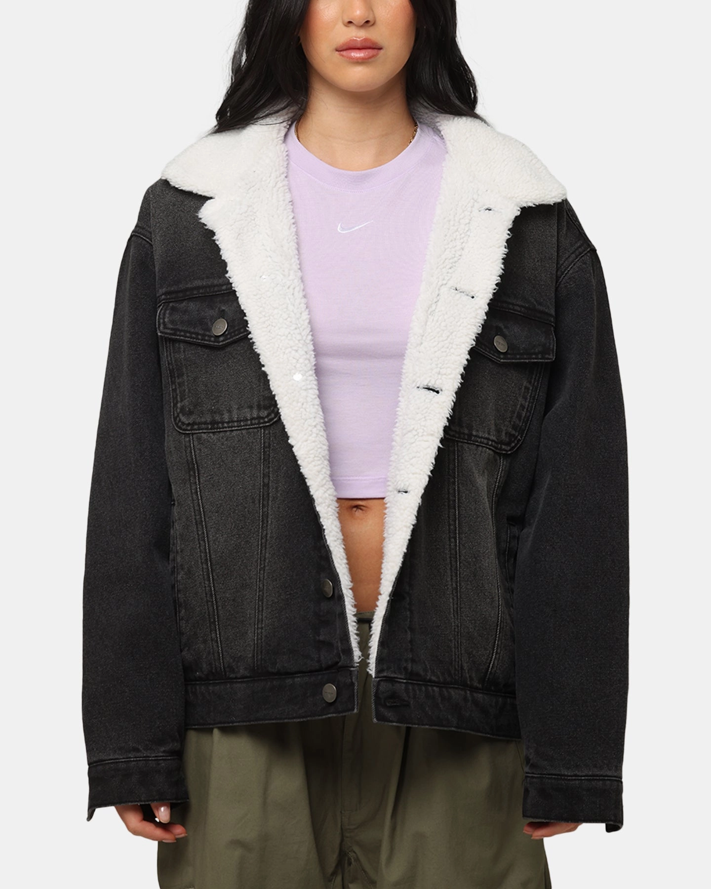 Double Layered Edging Lightweight Outerwear Saint Morta Sherpa Boxy Denim Jacket Black Shadow