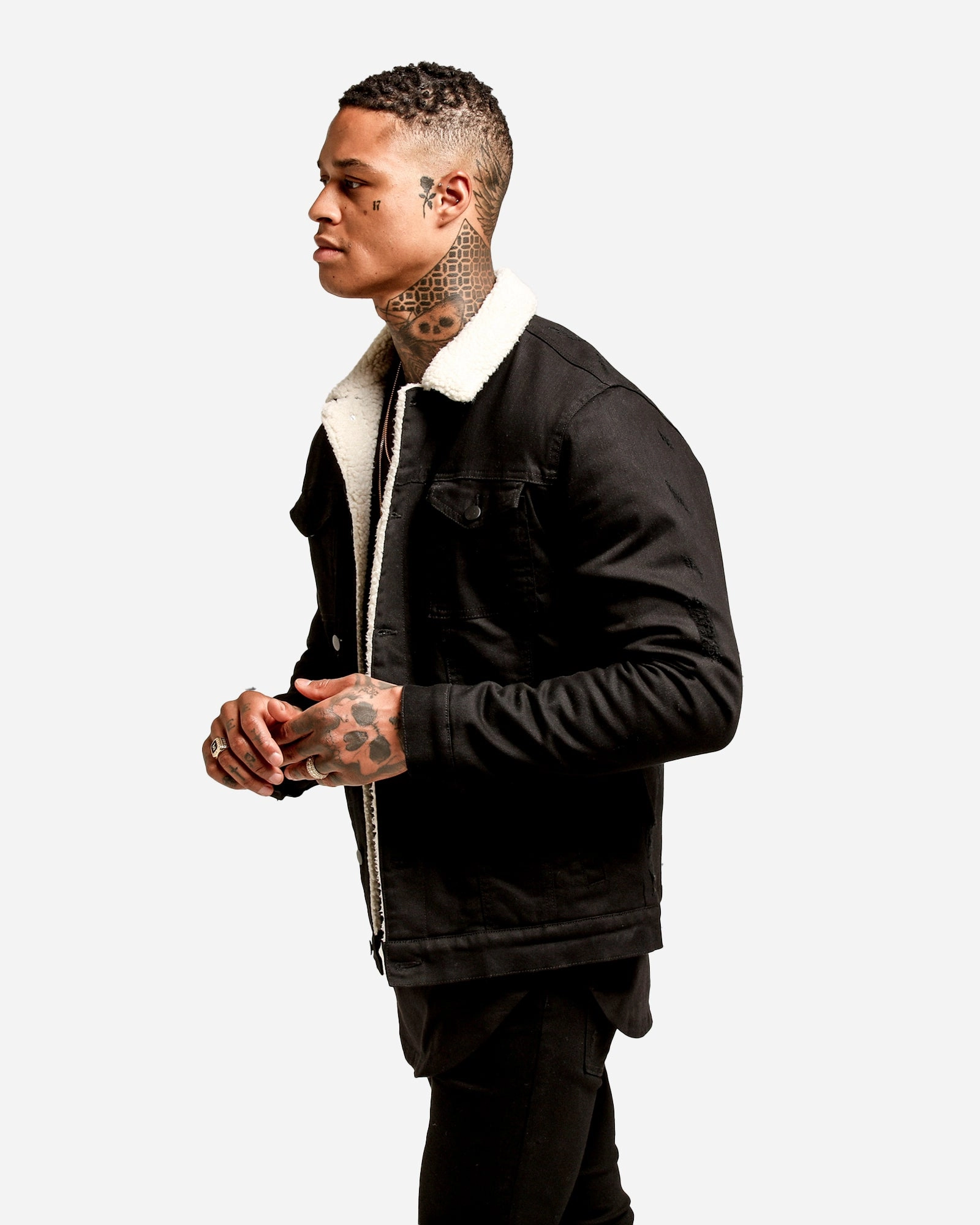 Compact Packable Design Reinforced Hem Saint Morta Sherpa Denim Jacket Black