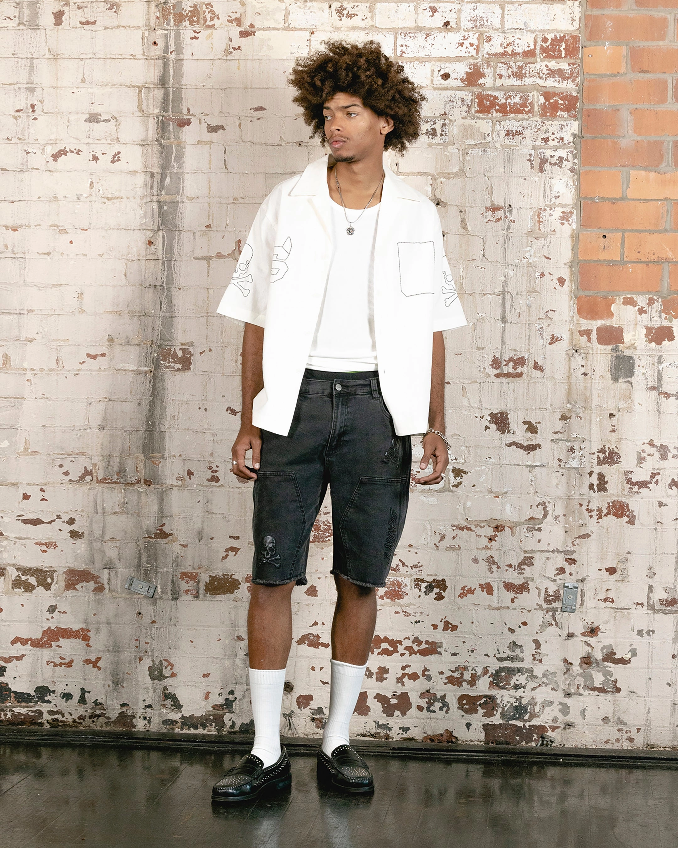 Team Spirit Saint Morta Skull And Bones Denim Shorts Vintage Black