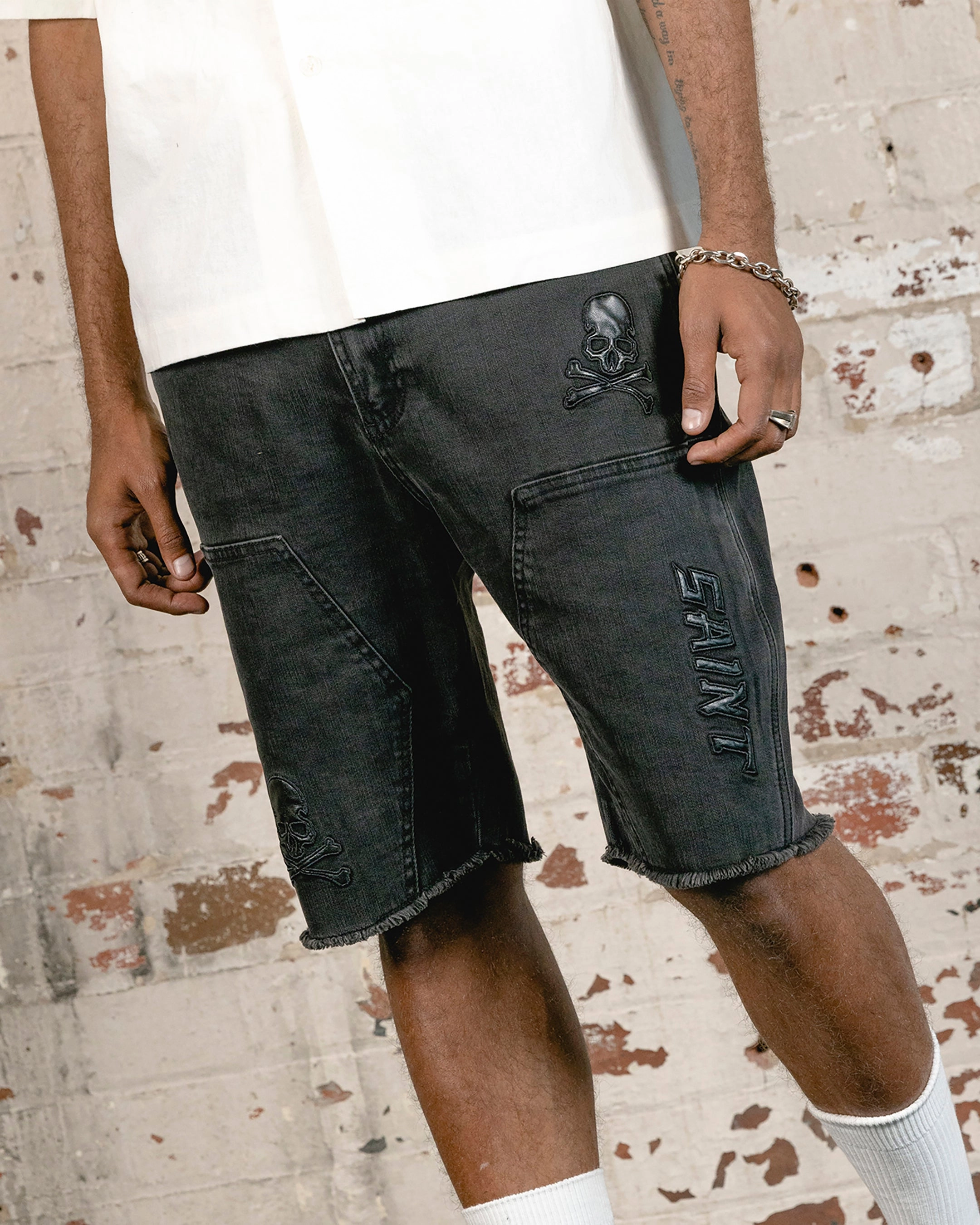Saint Morta Skull And Bones Denim Shorts Vintage Black All Season