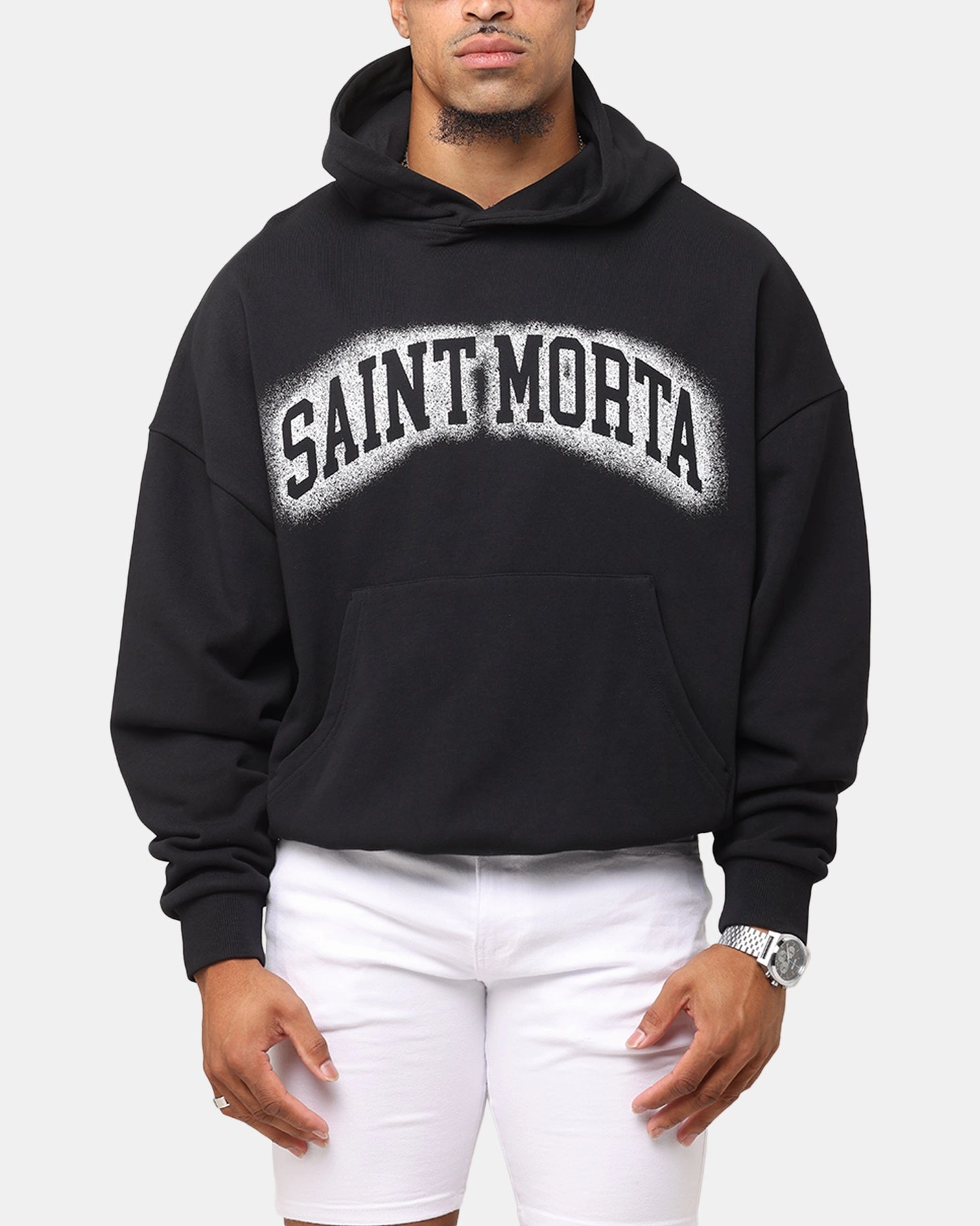 Timeless Form Saint Morta Spray Logo Boxy Hoodie Black