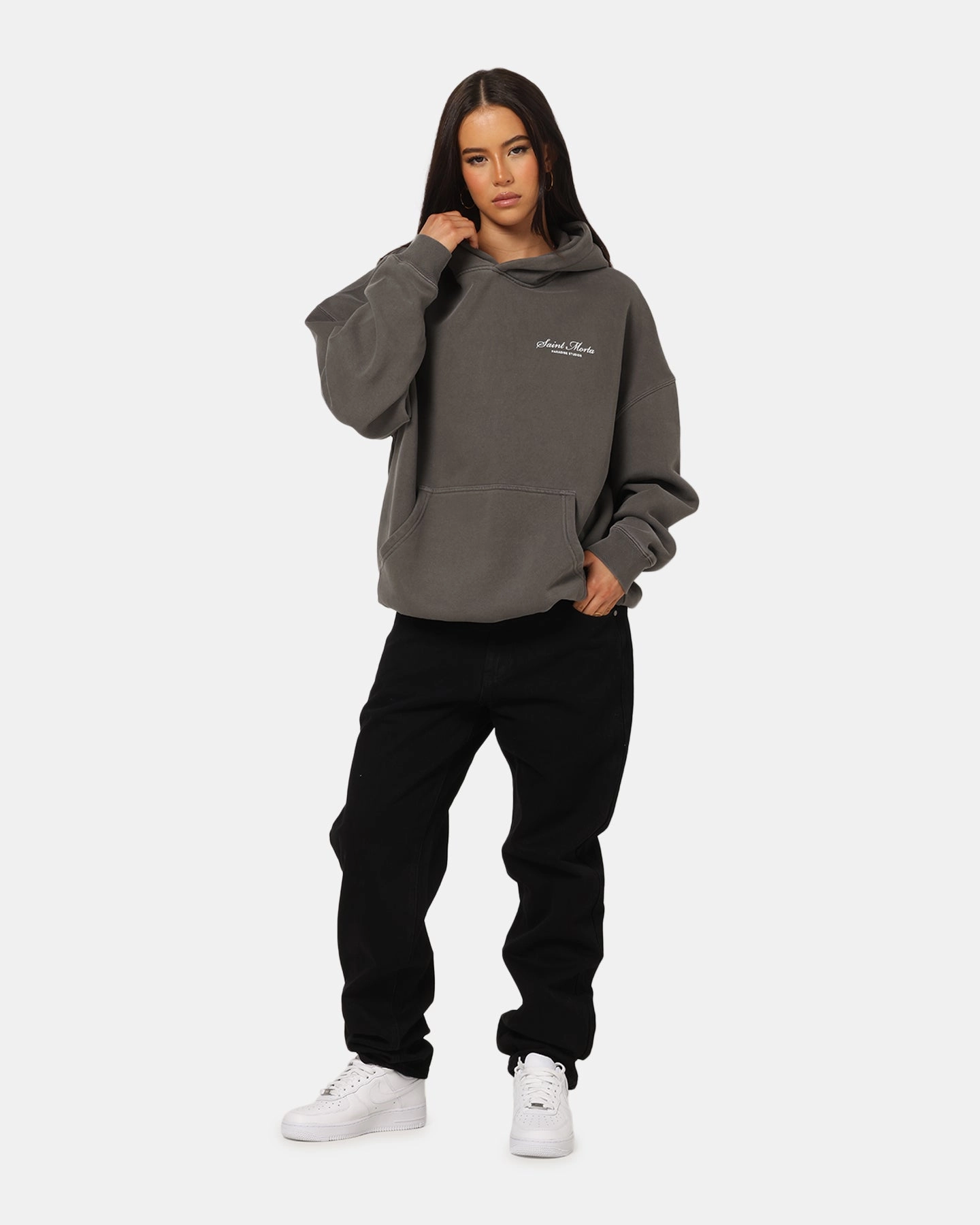 Saint Morta Studios Logo Boxy Hoodie Washed Black DIY wear Badger like