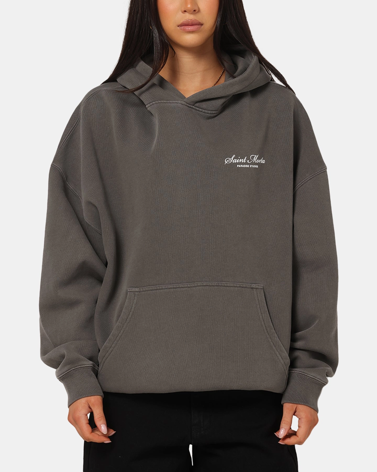 Saint Morta Studios Logo Boxy Hoodie Washed Black Cozy Sense