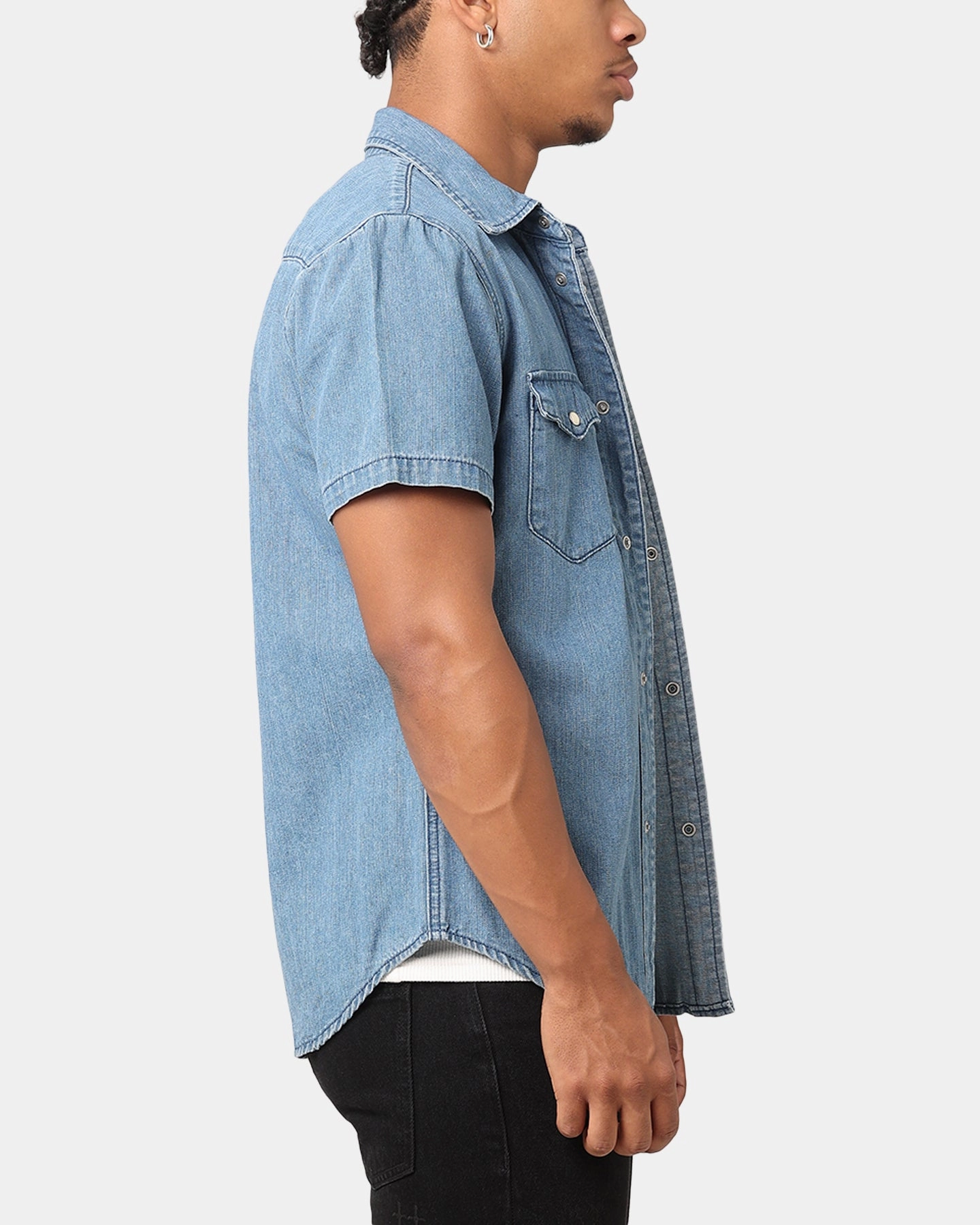 Bold Statement Fitted Shape Saint Morta Texan Denim Button Up Shirt Mid Blue Denim