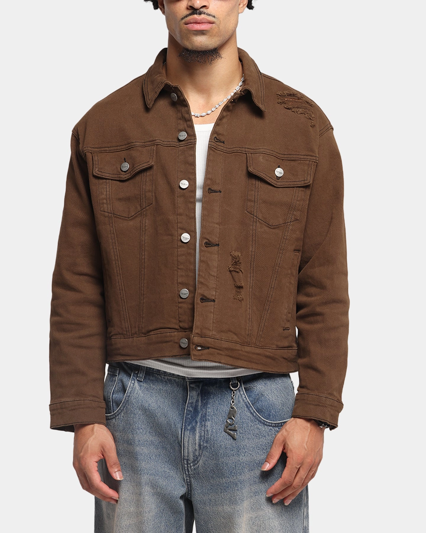 Laser Cut Perforations Saint Morta Trucker Denim Jacket Vintage Brown