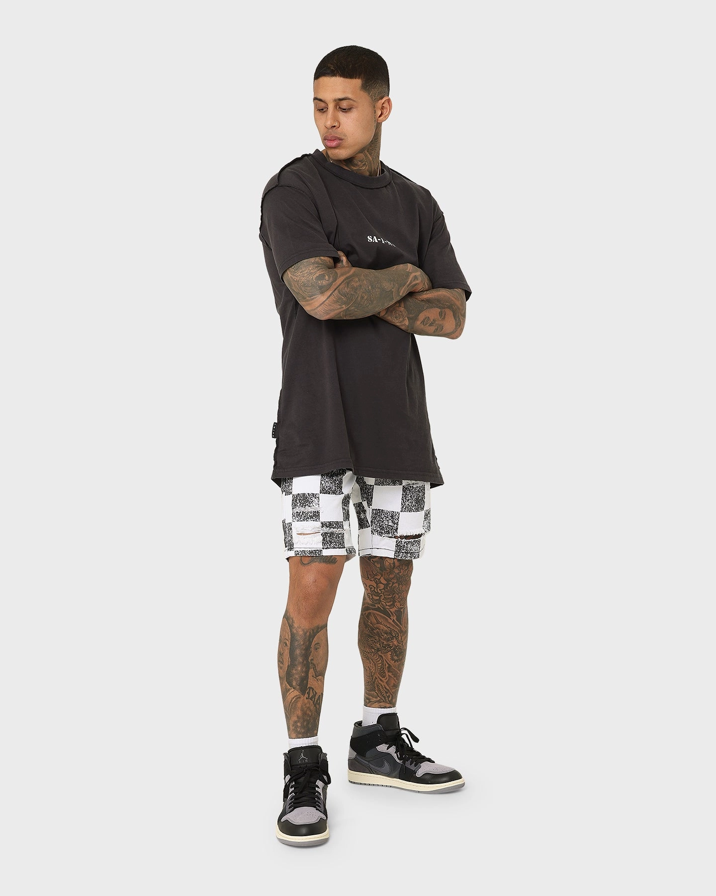 men's fashion Saint Morta Vintage Checks Denim Shorts White/Black