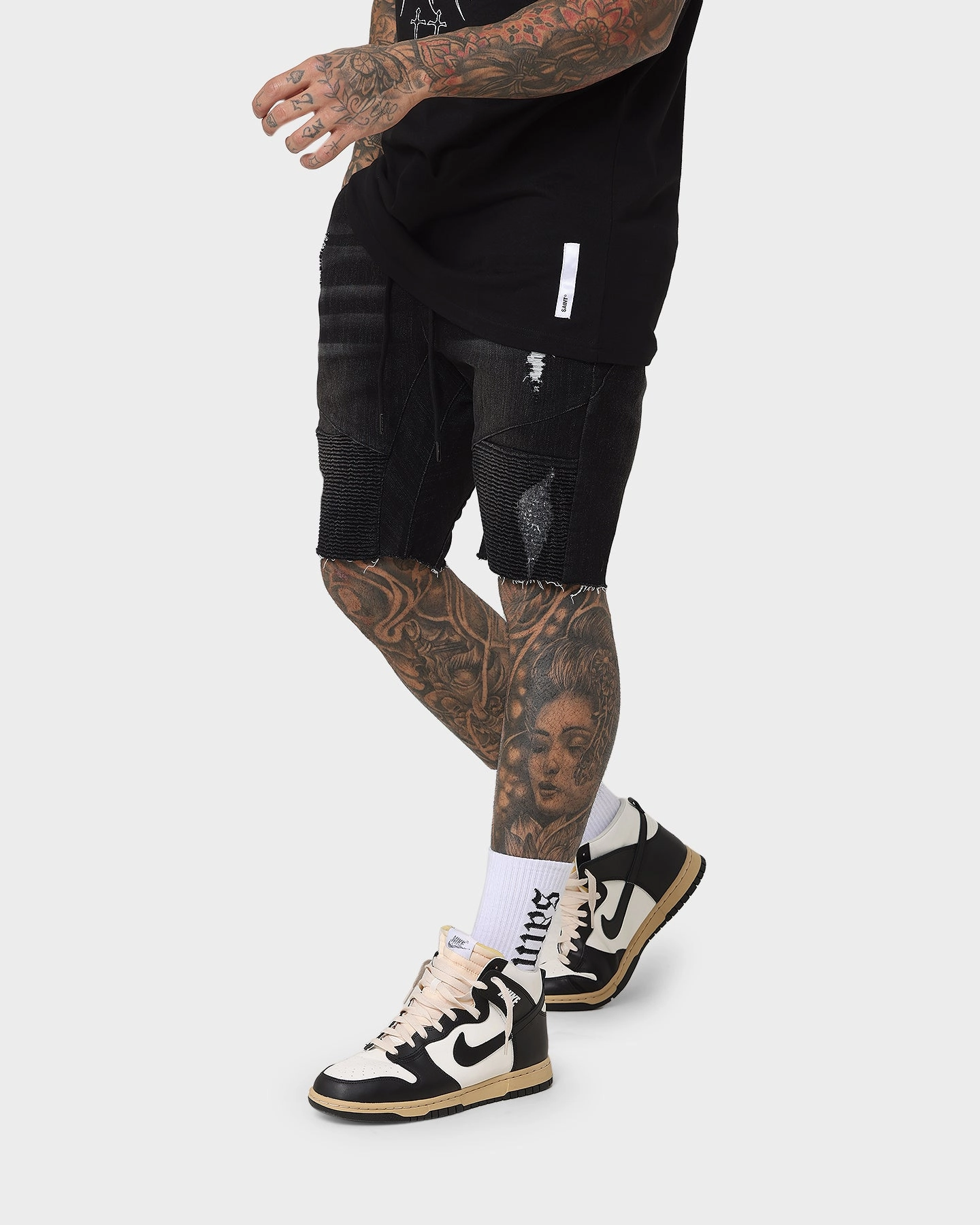 Saint Morta United Distressed Biker Shorts Black Stonewash elastic waistband Adjustable Waistband