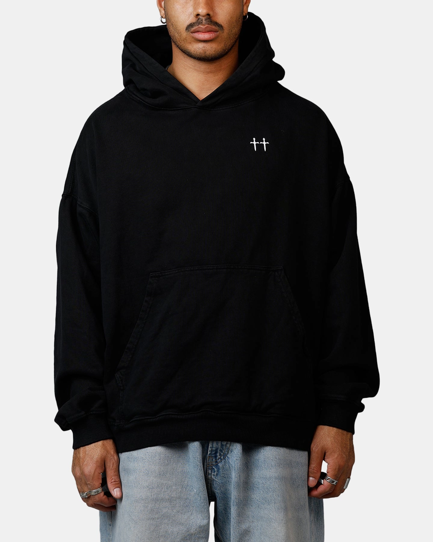 Saint Morta Ye Old Boxy Hoodie Black Magnetic Closure Details