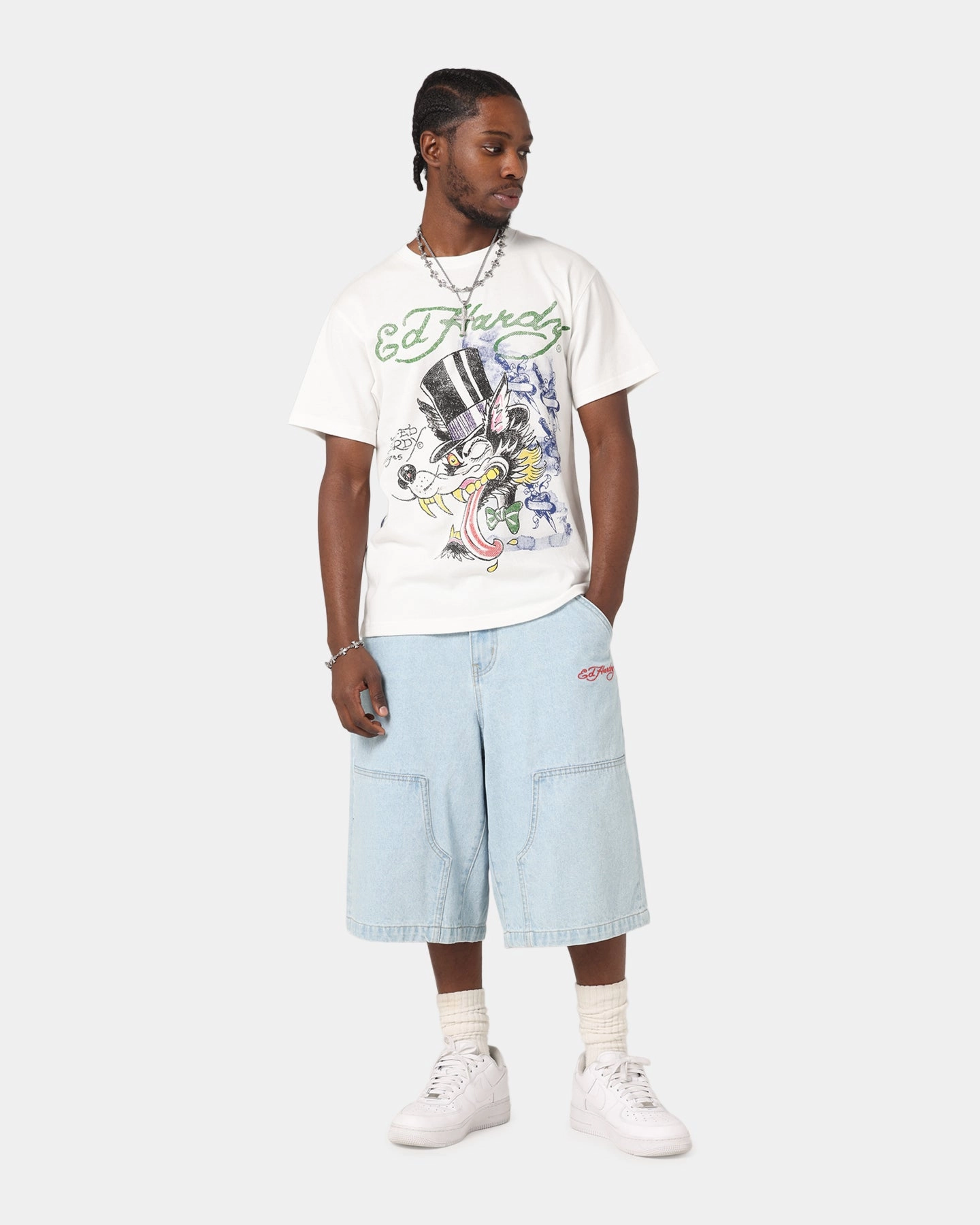 Wedding Durable Ribbed Hem Ed Hardy Wolf Vintage T-Shirt Off White