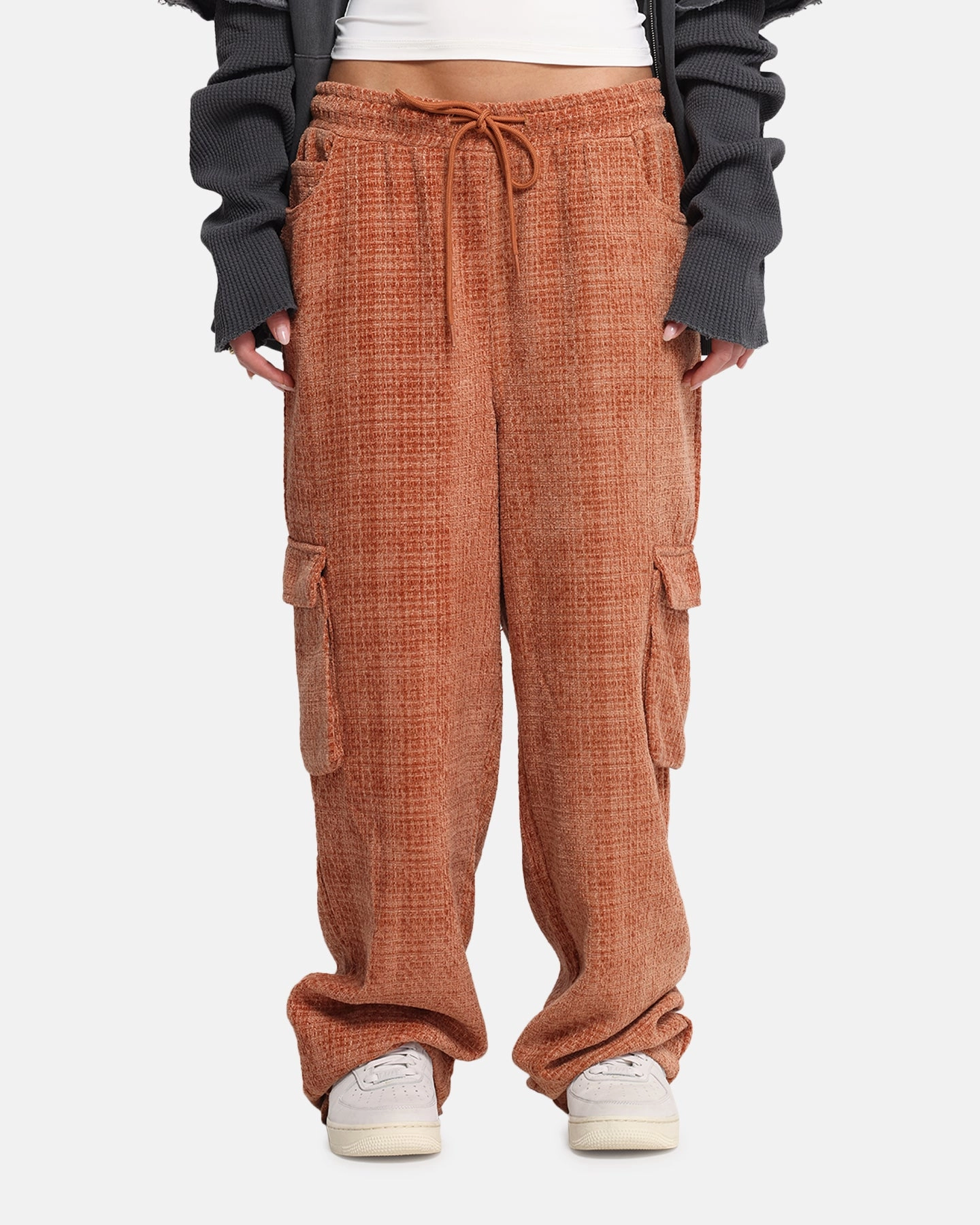 Breathable Mesh Panels DoubleLayeredFabric XXIII Boucle Tweed Cargo Pants Rust