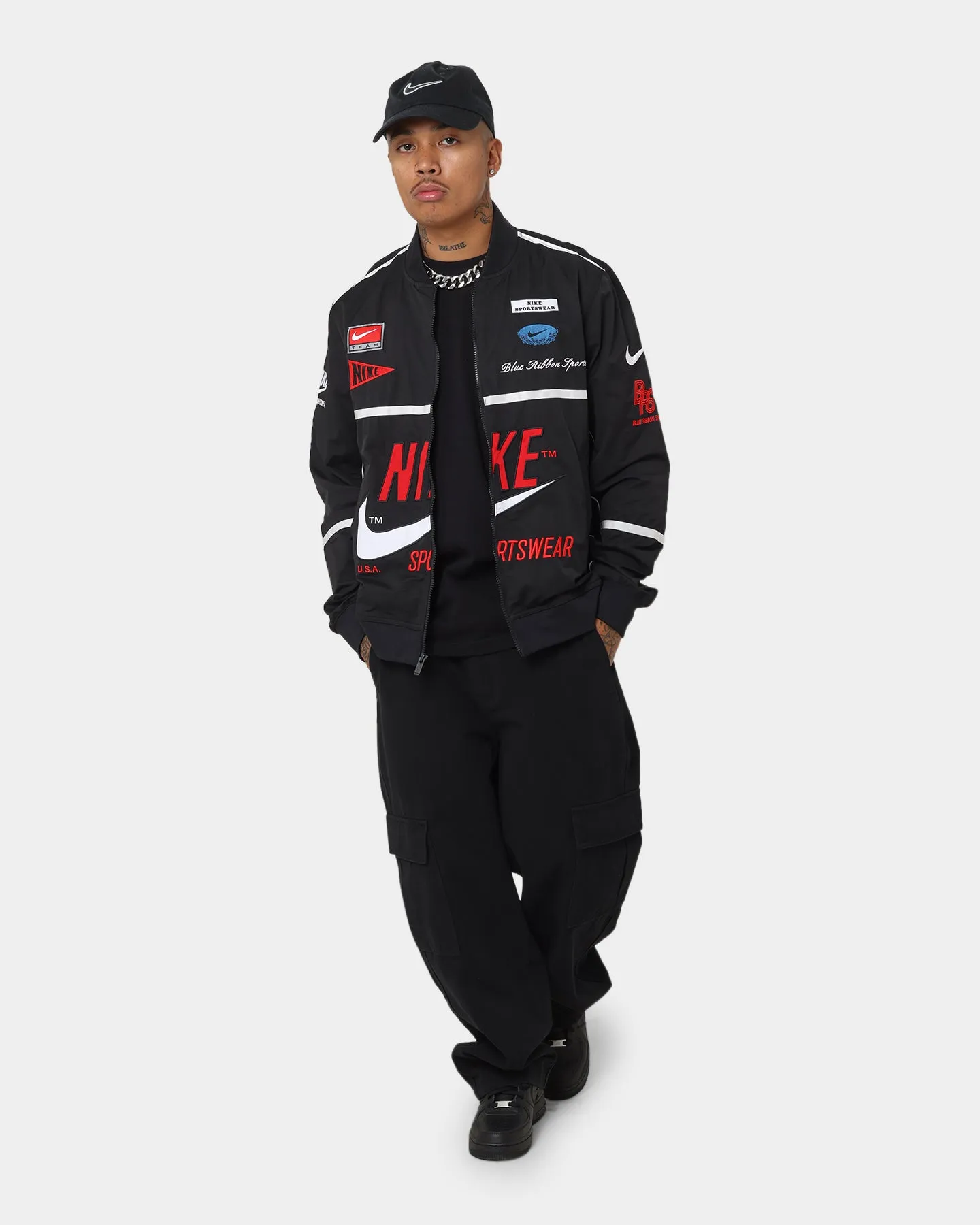 Jump MultiPocket Design Nike Sportswear Mercato Woven Bomber Jacket Black/White/University Red