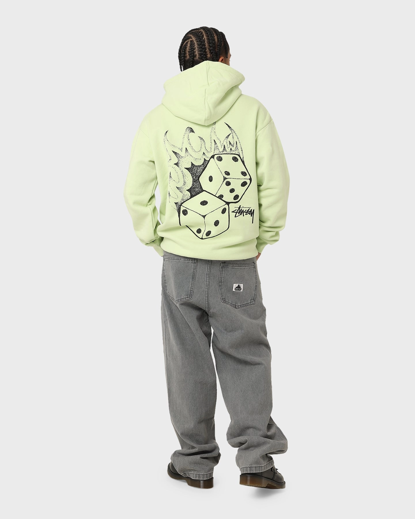 NoiseFreeMaterial Warm and Cozy Stussy Fire Dice 50-50 Hoodie Light Green