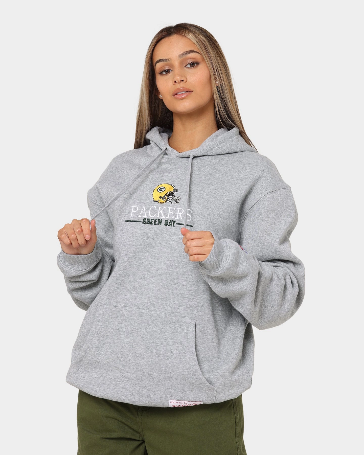 Double Stitched Edging Mitchell & Ness Green Bay Packers Helmet Stack Hoodie Grey Marle