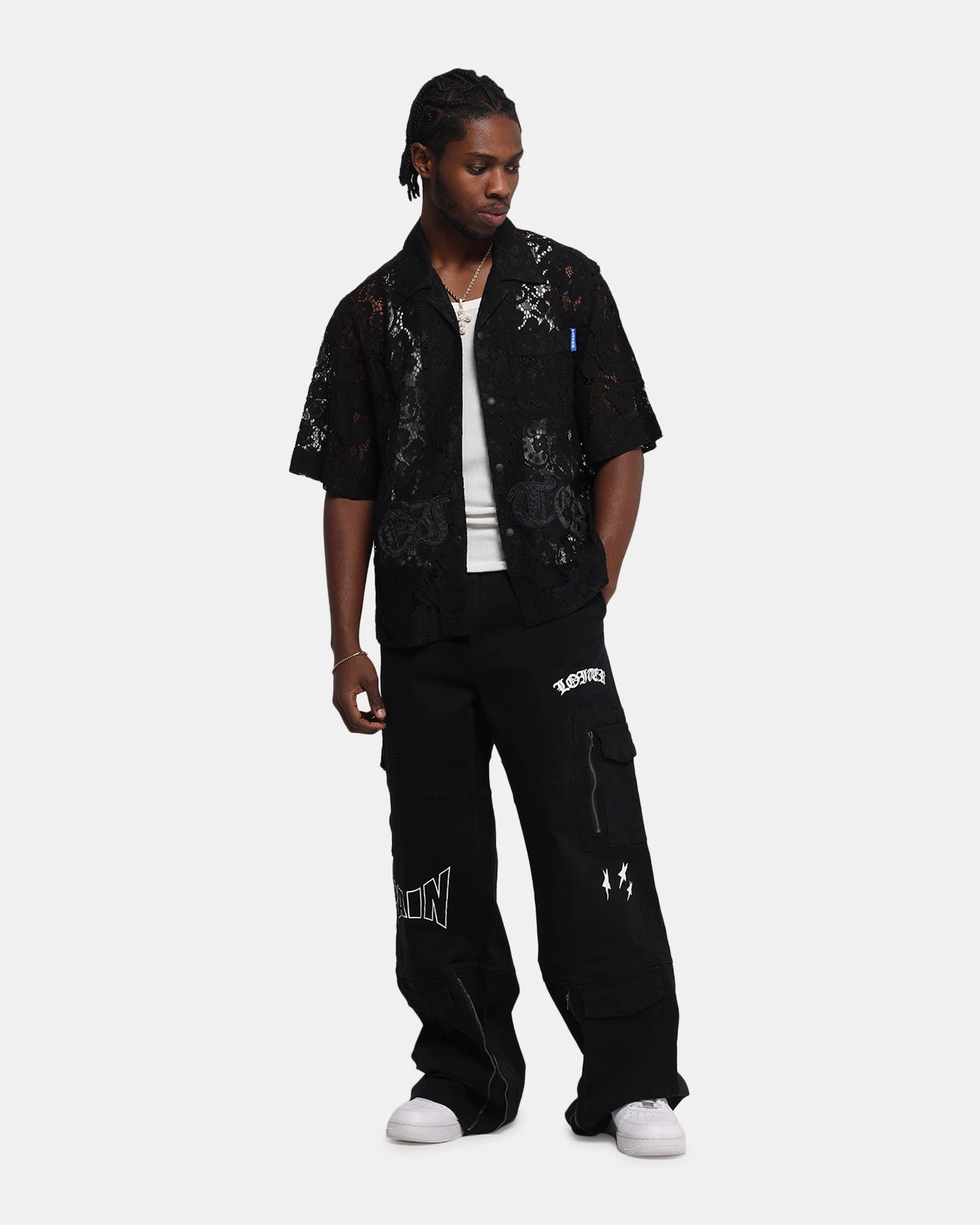 Holiday Travel Year-Round Wear Loiter Lace Button Up Shirt Black