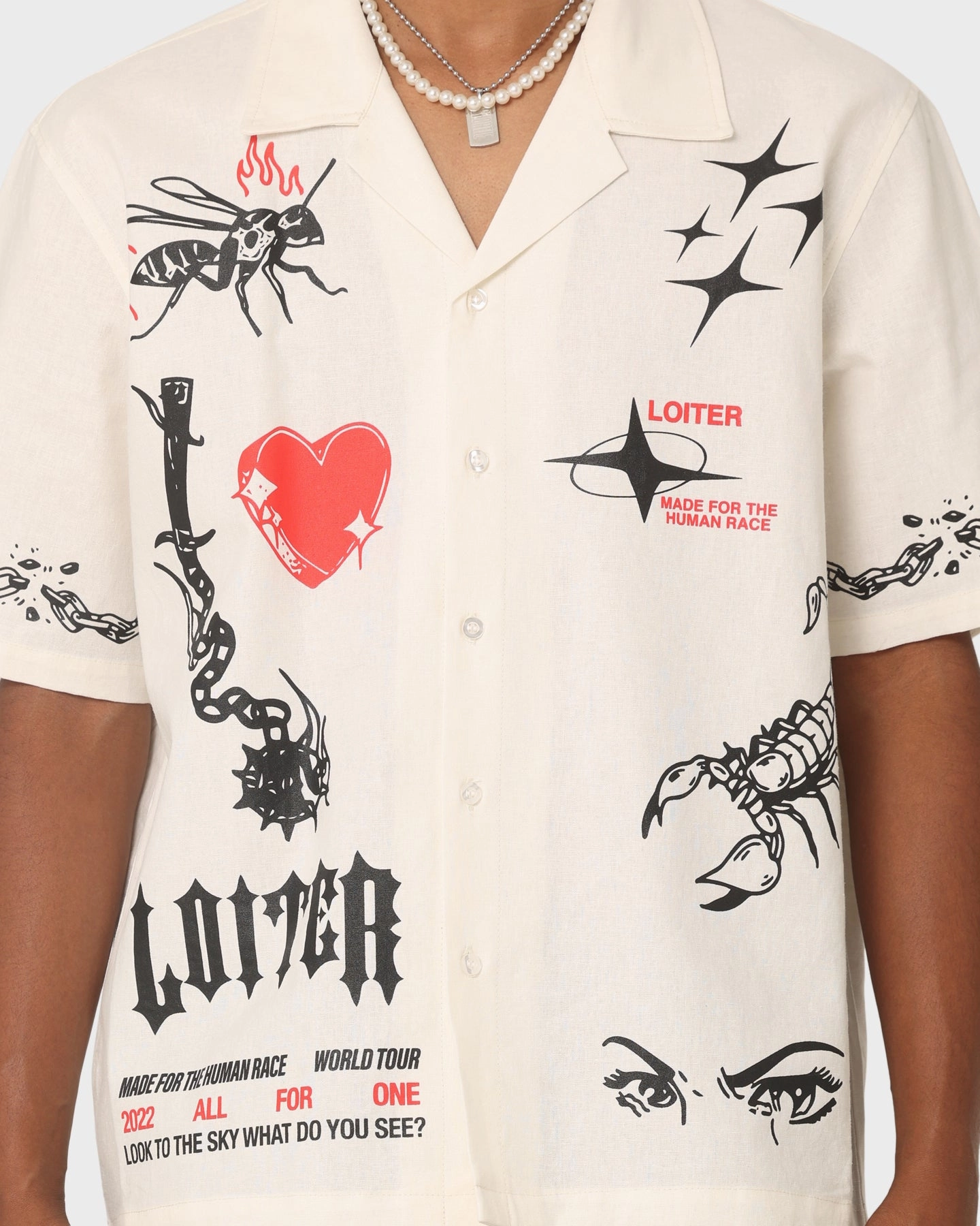 Comfortable Fabric Loiter Tattoo Button Up Shirt Ecru