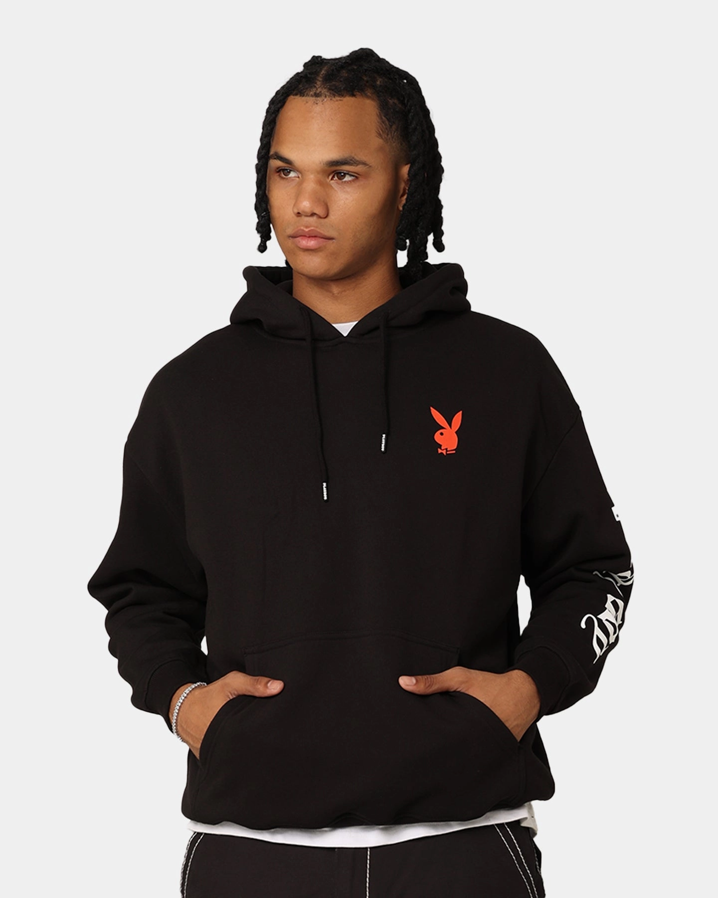 Raglan Sleeve Construction Trail Style Playboy Gothic Stack Hoodie Black