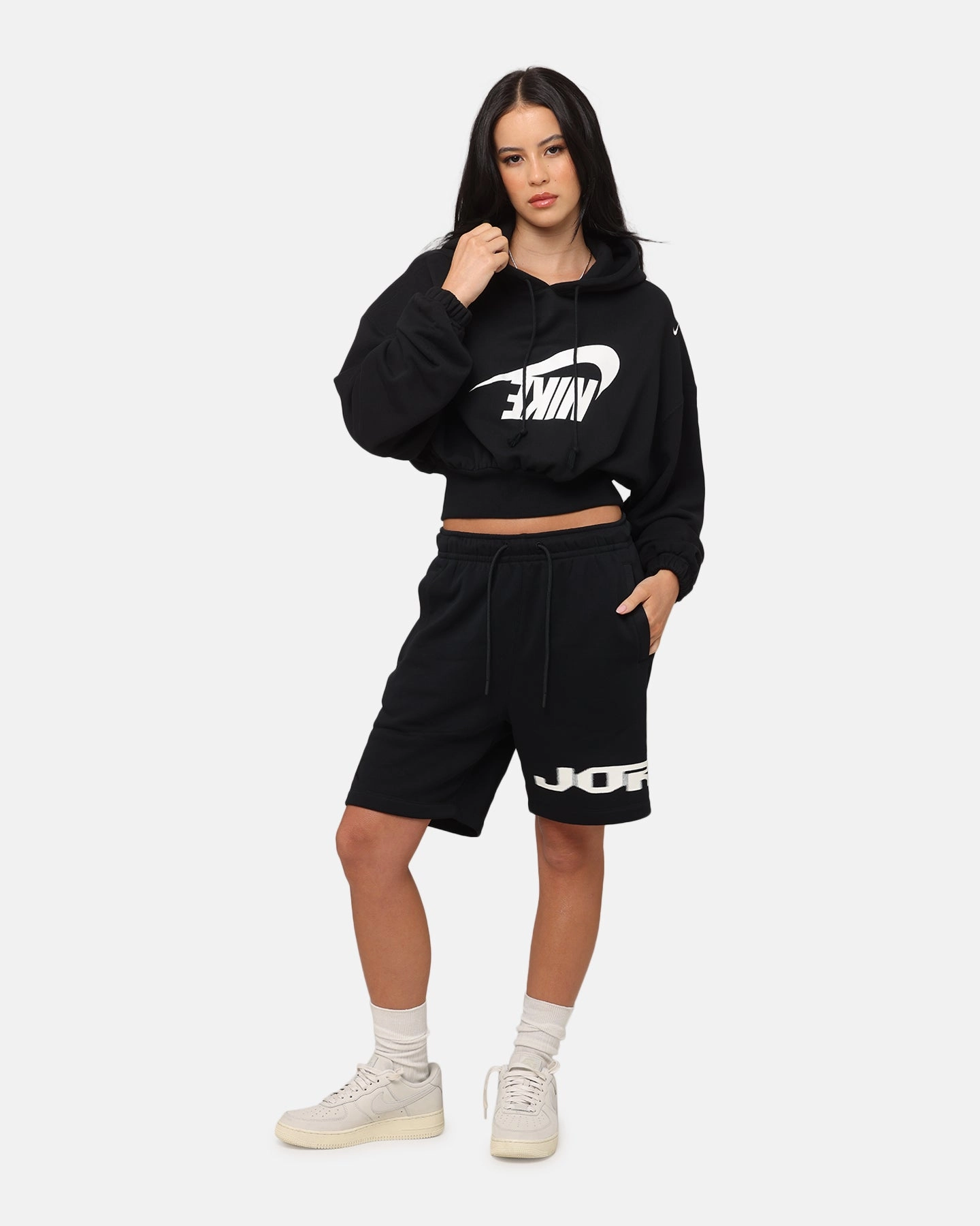 Nike Women's Sportswear Oversized Cropped Fleece Pullover Hoodie Black/Sail Neutral Comfort