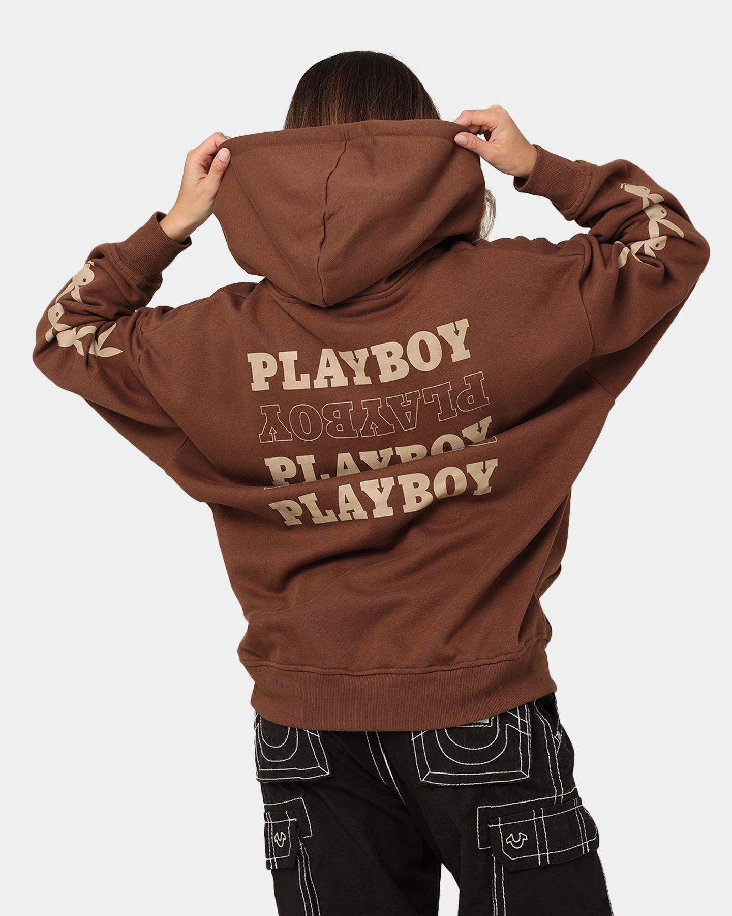 Reinforced Seams Playboy Side Bunny Stack Hoodie Brown