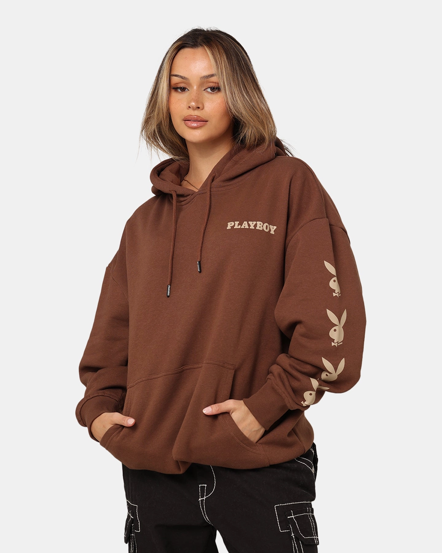Playboy Side Bunny Stack Hoodie Brown Water Repellent Coating