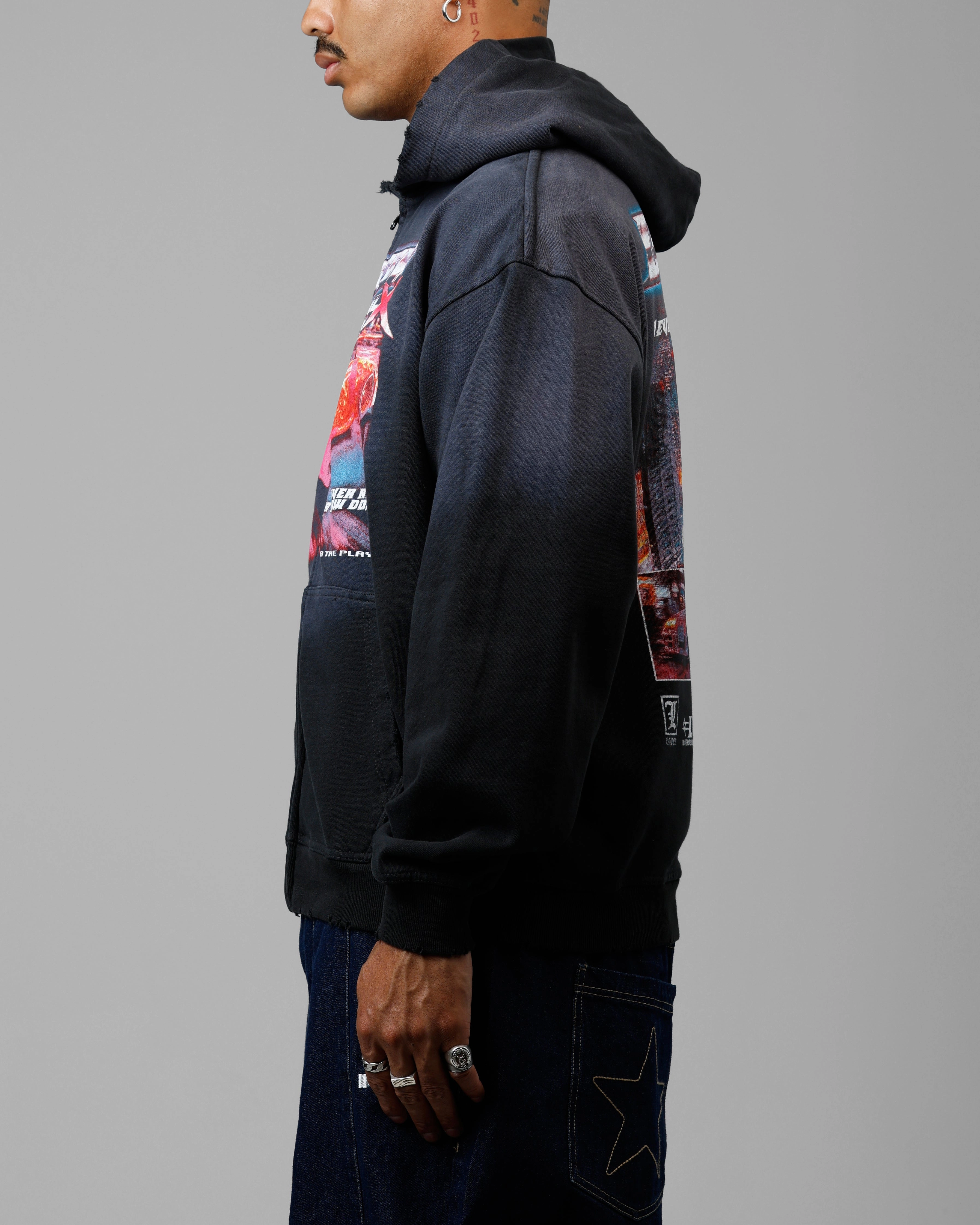 Trilby Seamless Edging Loiter Speed Vintage Zip Up Hoodie Washed Black