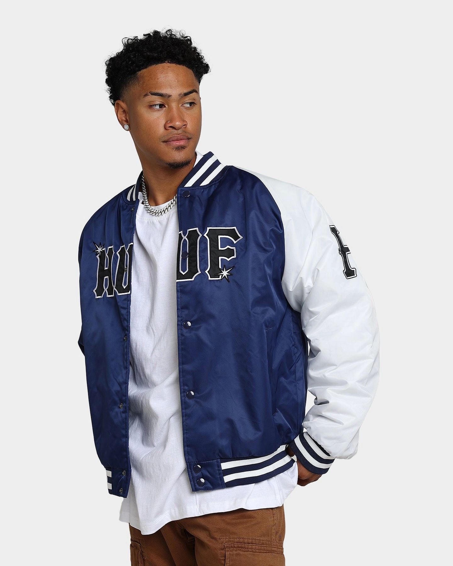 Casual Style Warm Insulation HUF Satin Baseball Jacket Navy