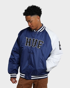 ConvertibleCollar Insulated Lining HUF Satin Baseball Jacket Navy