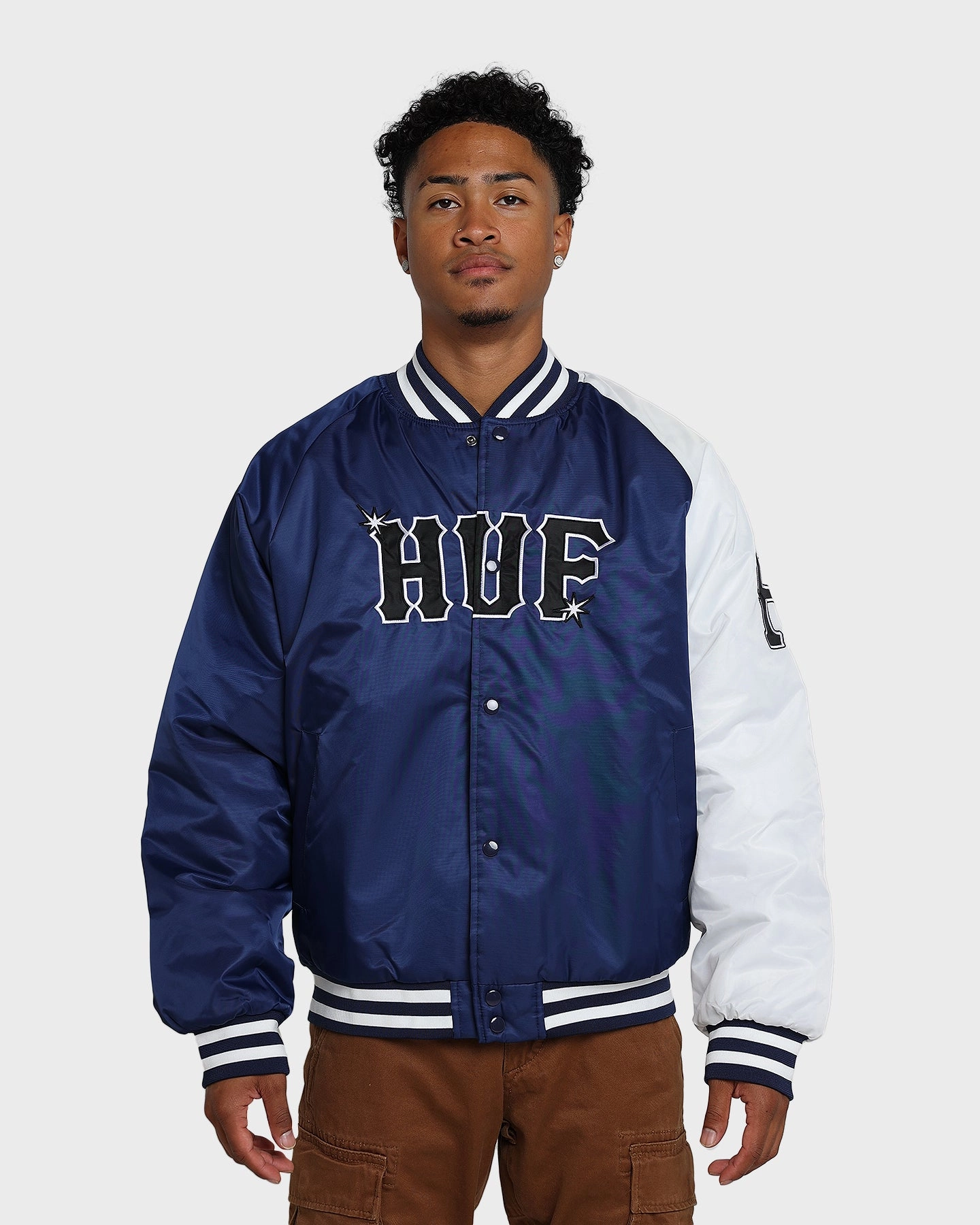 Odor Control Fabric Lightweight Padding HUF Satin Baseball Jacket Navy