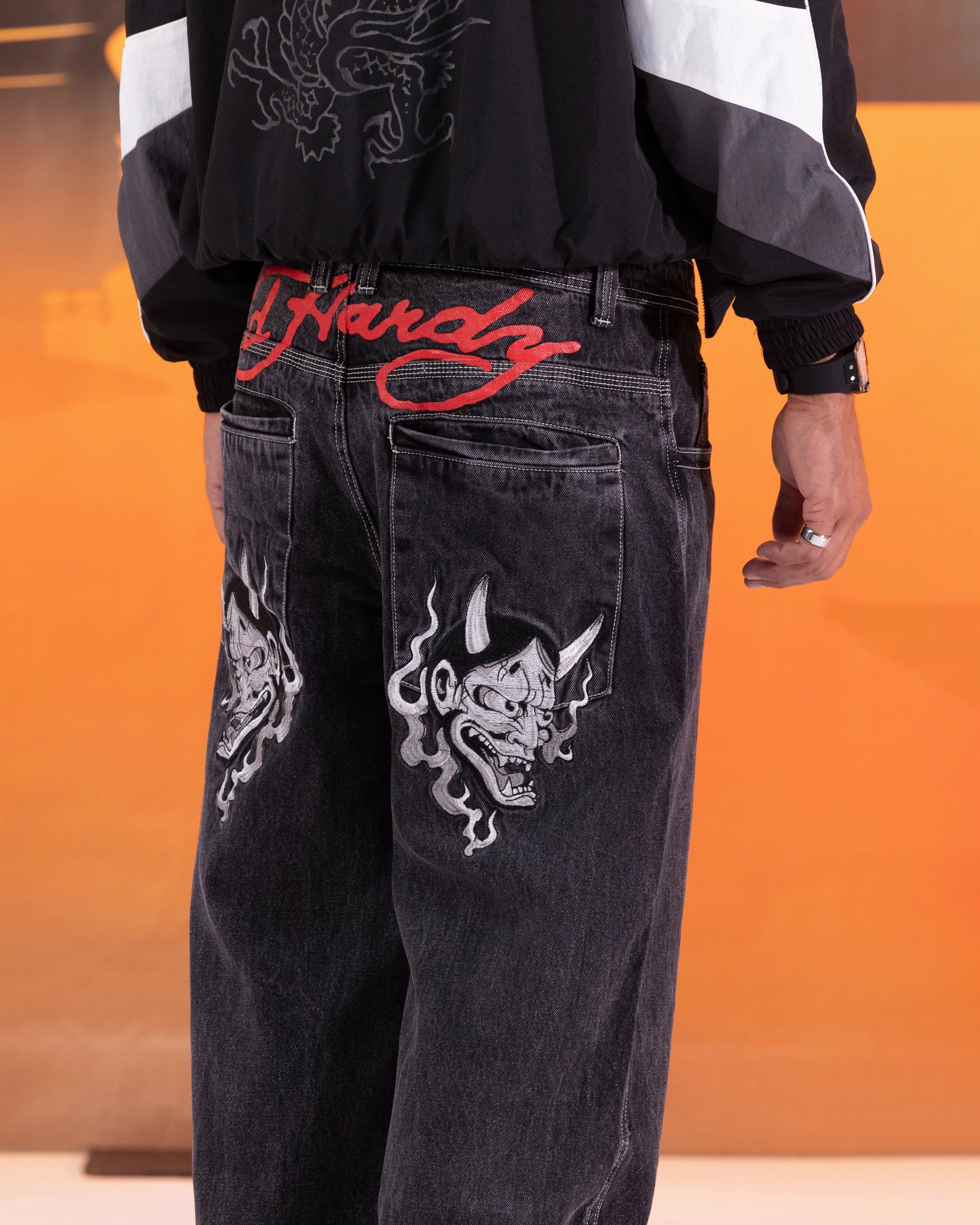 Casual Chic Look Smart Motion Ed Hardy Devil Wide Leg Denim Jeans Black