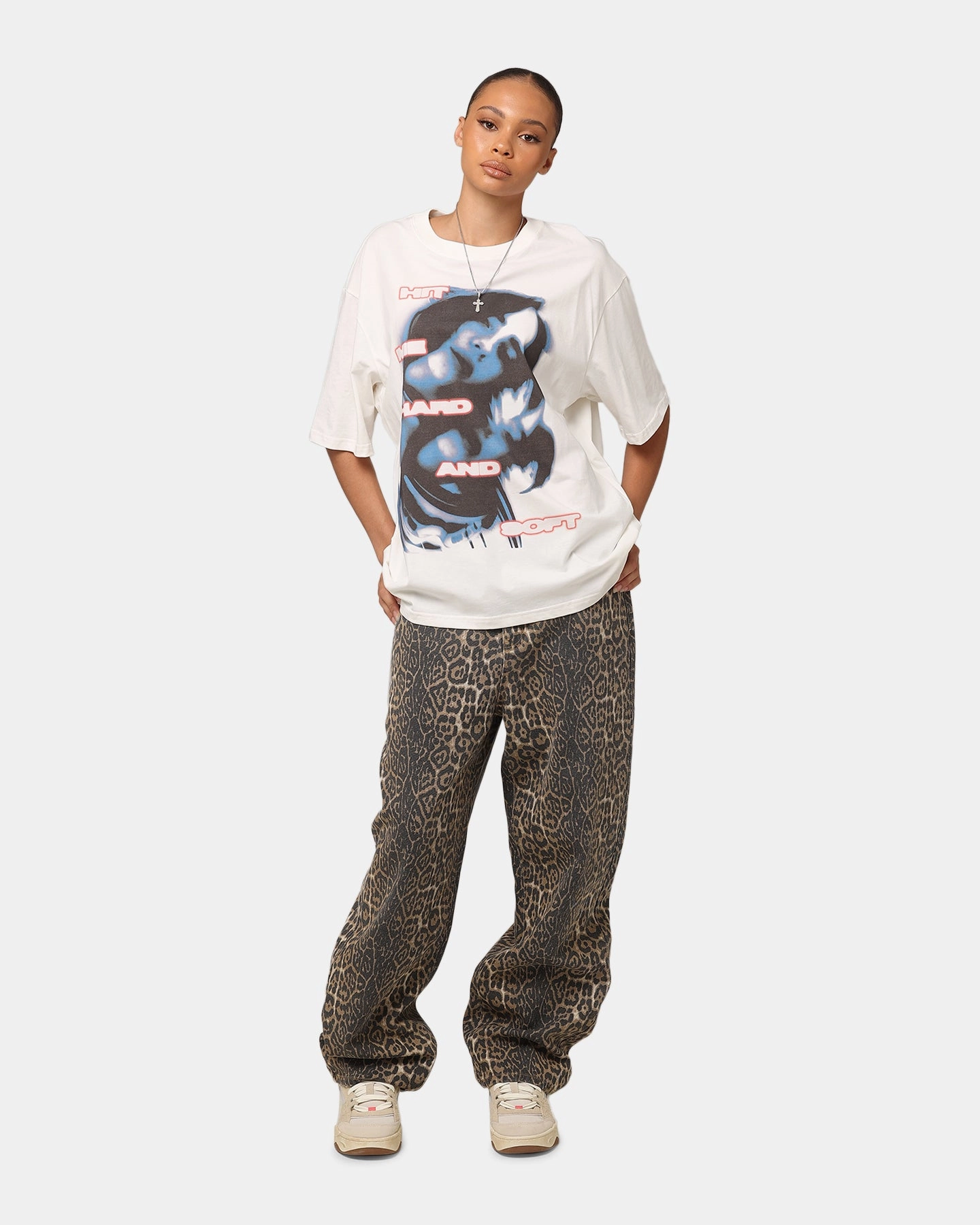 XXIII Leopard Baggy Jeans Leopard No Gap Waistband Acid Wash Effect