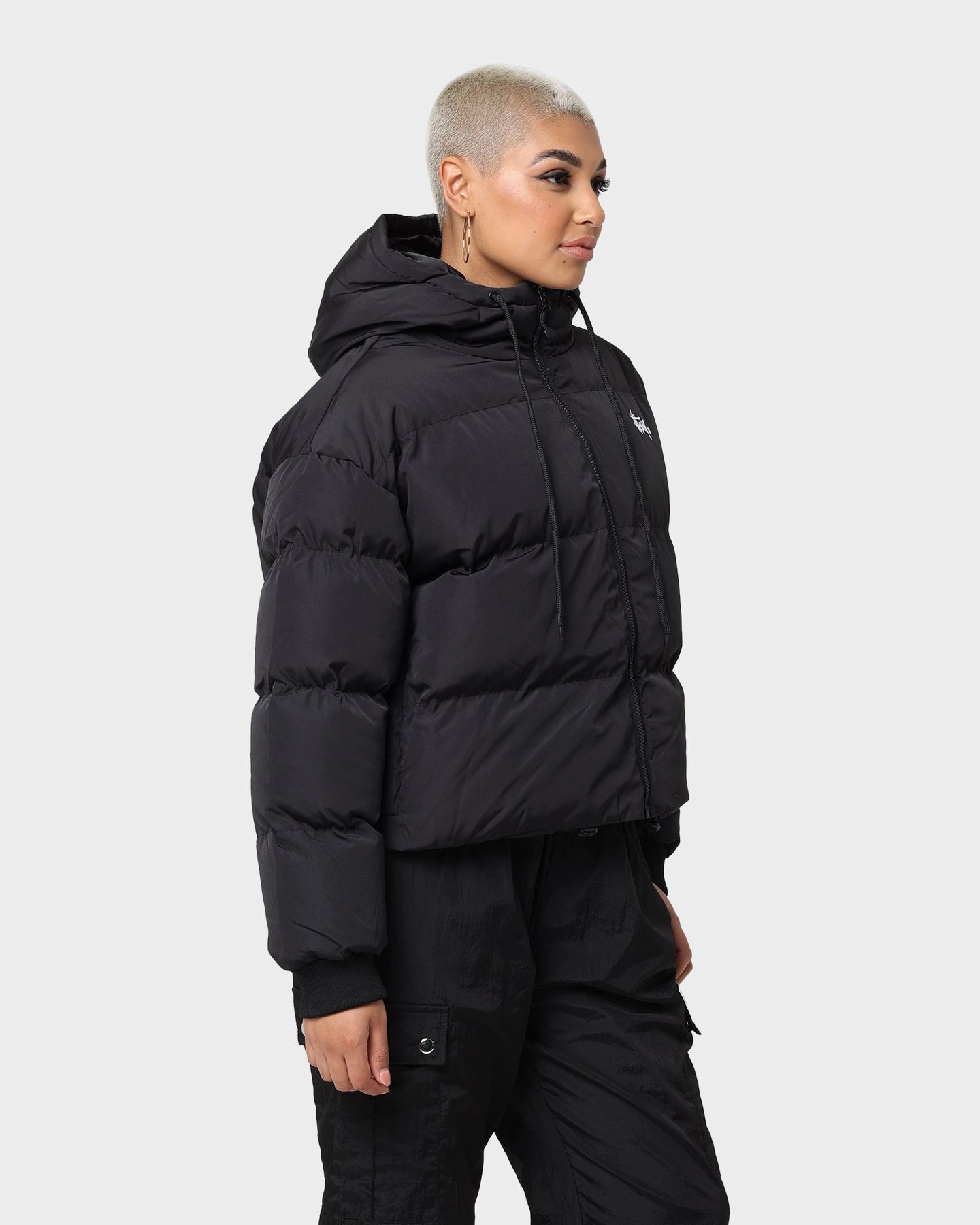 Comfort Fit Silhouette Stussy Women's Graffiti Hood Puffer Jacket Black