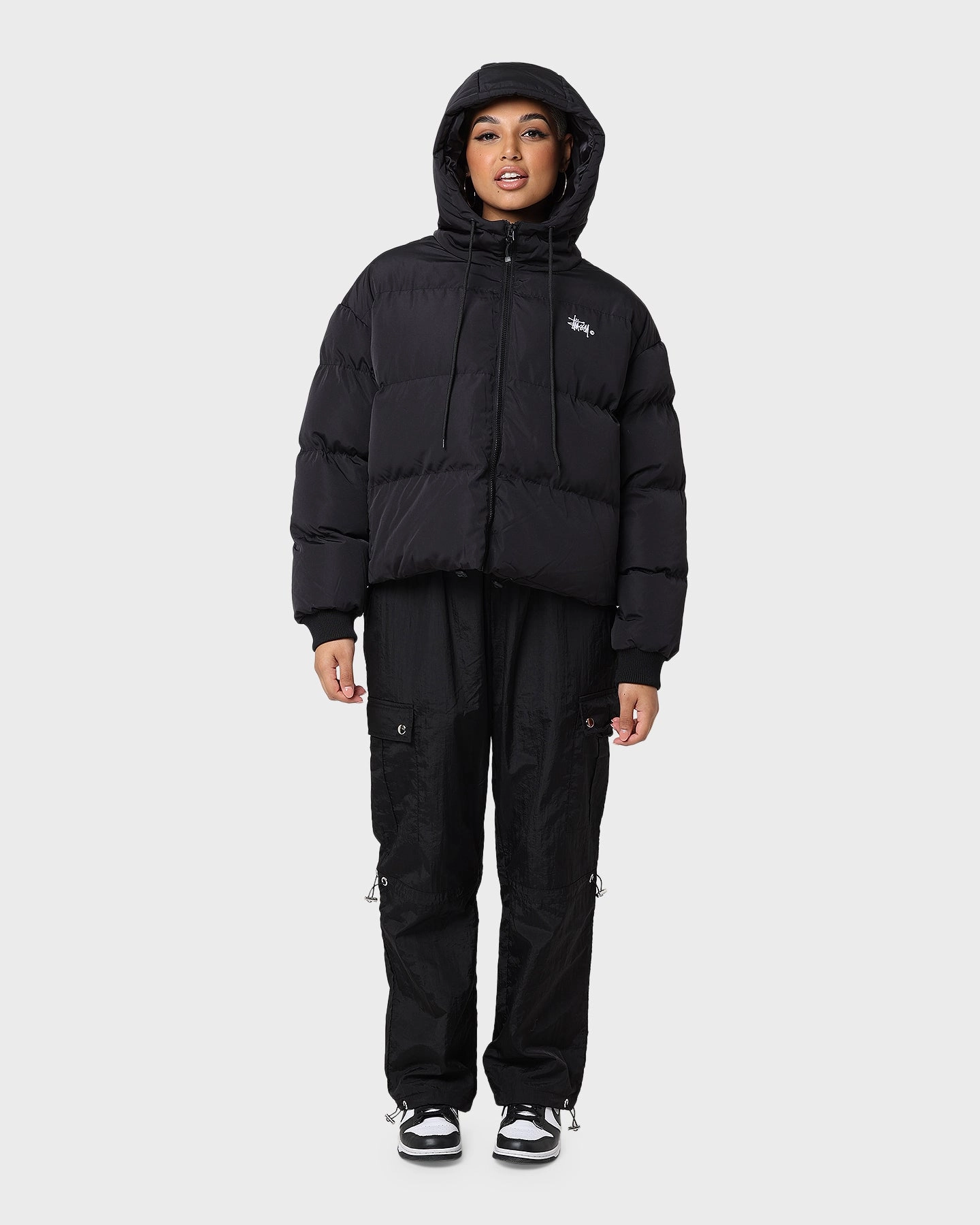 Stussy Women's Graffiti Hood Puffer Jacket Black beachgoer