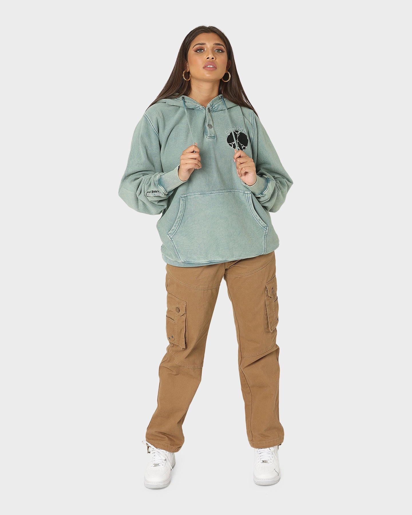 complementary item Commend Carre Peace Button Up Hoodie Washed Green