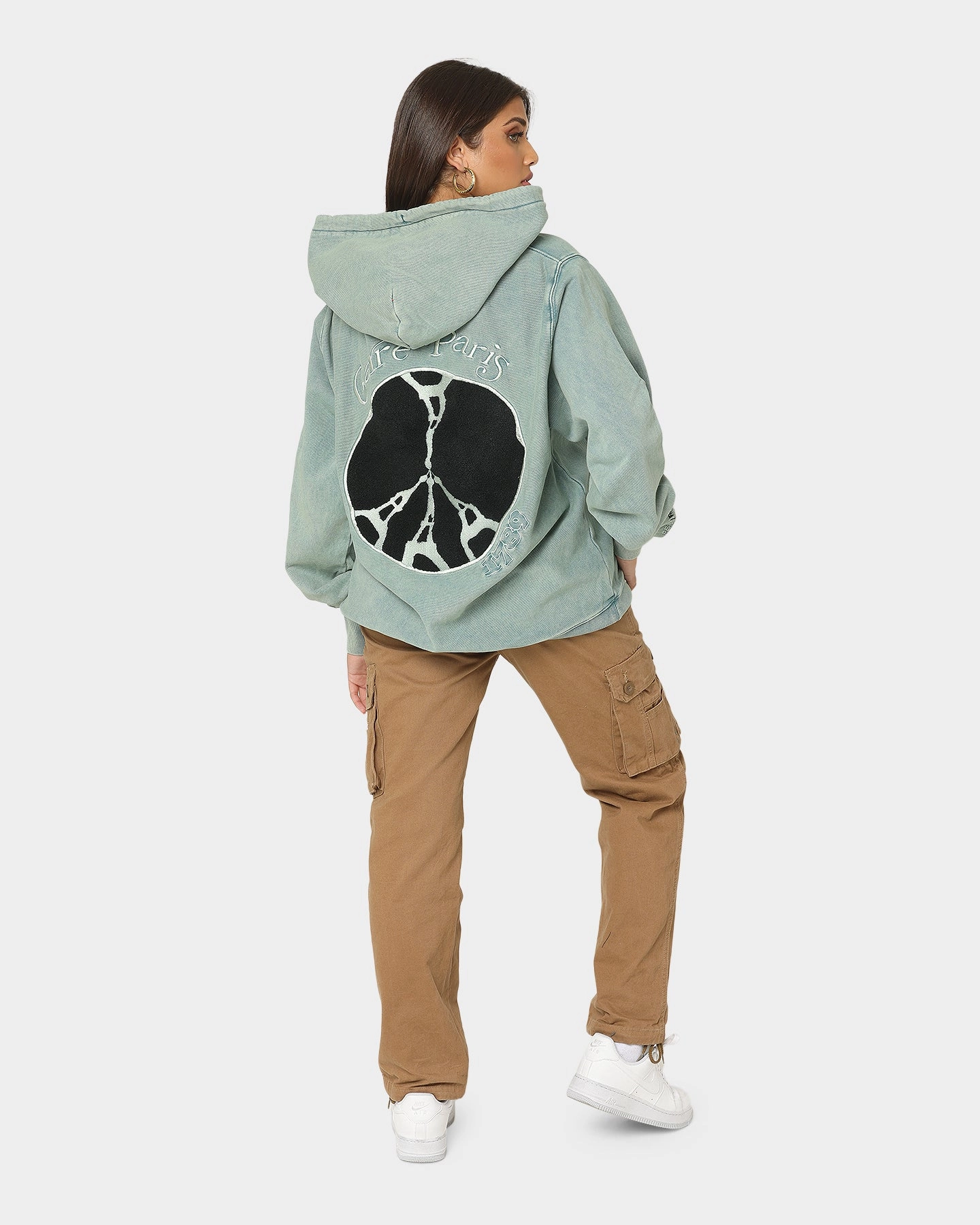 Carre Peace Button Up Hoodie Washed Green High Collar Design