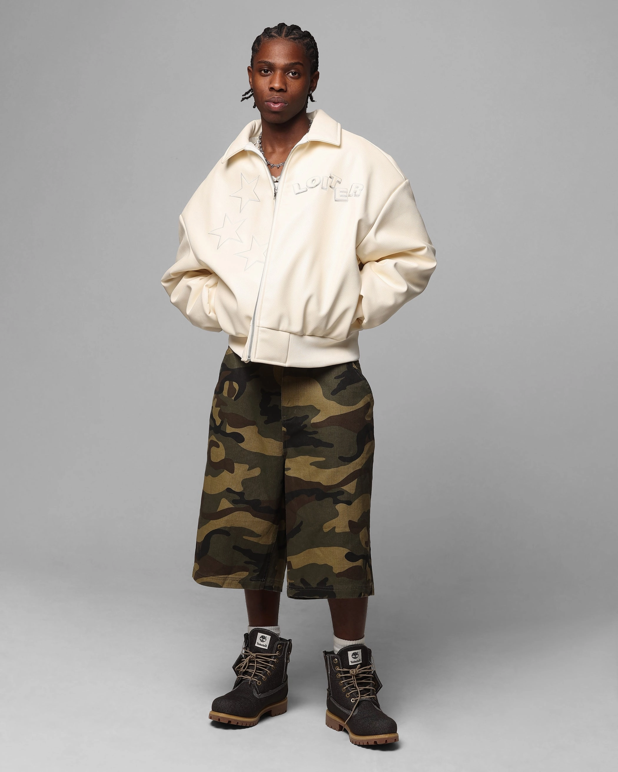 Hooded Design Loiter Solar Vegan Leather Varsity Jacket Beige