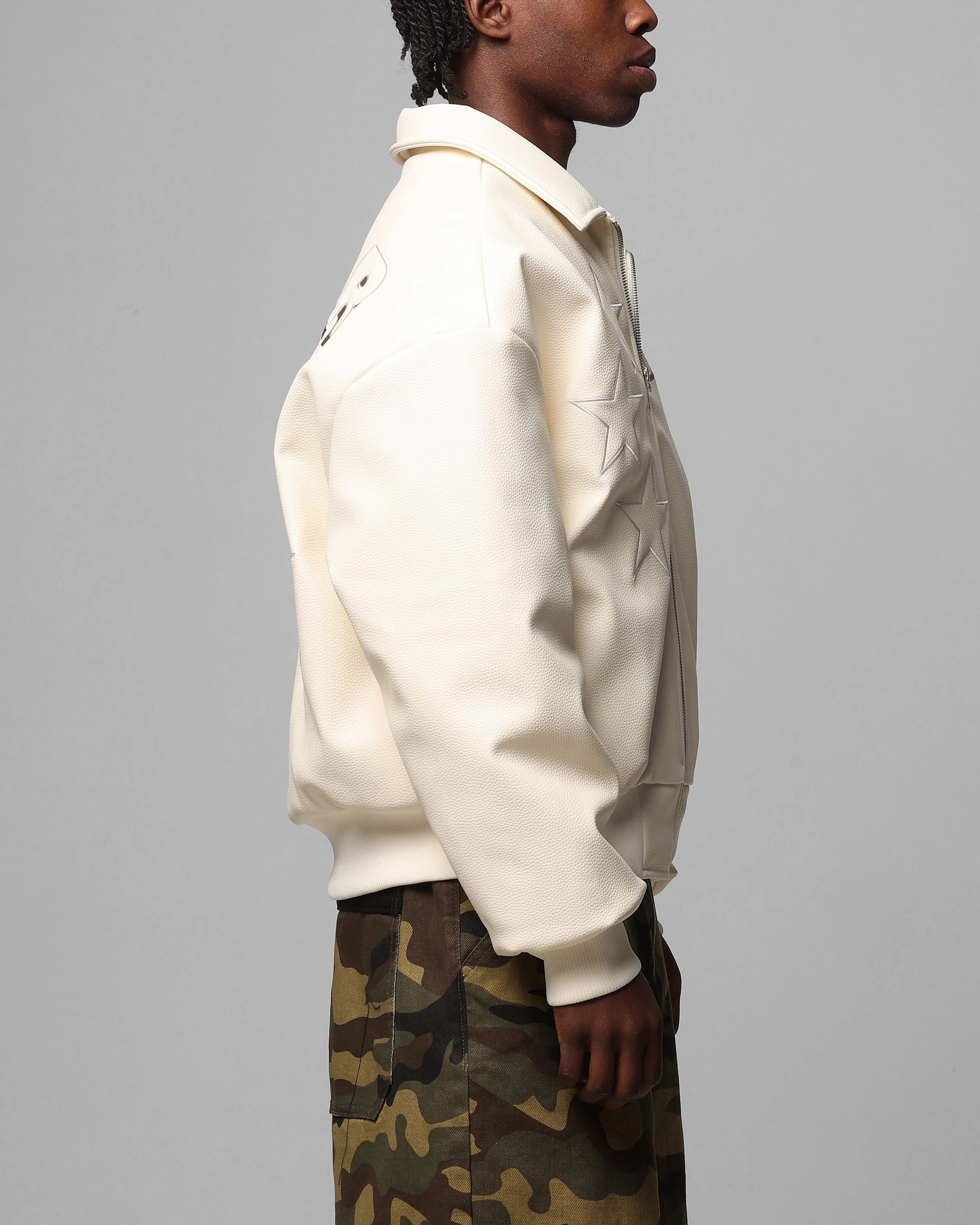 Protective Style Loiter Solar Vegan Leather Varsity Jacket Beige