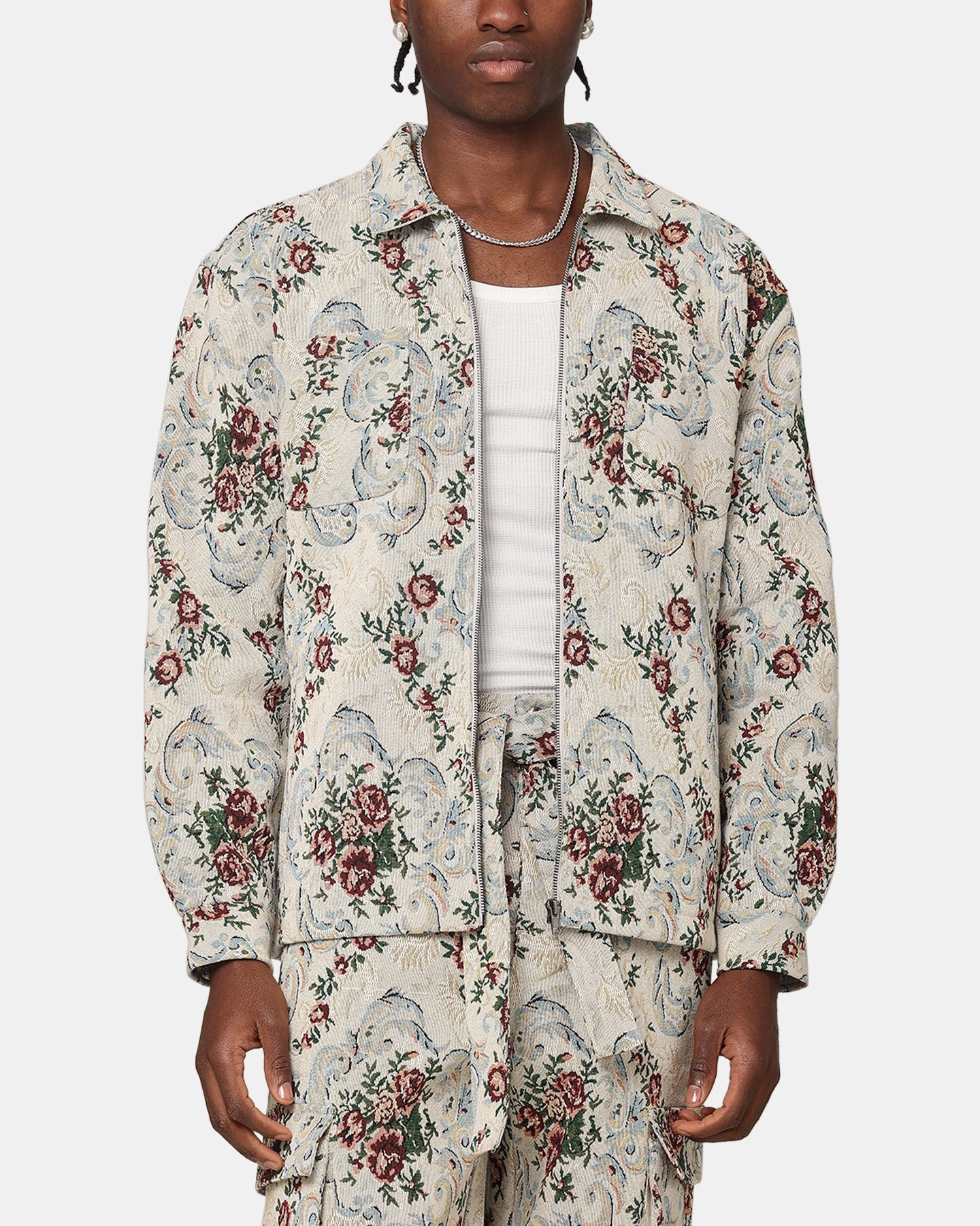 Drop Hem Procedure XXIII Floral Jacquard Jacket White Antique