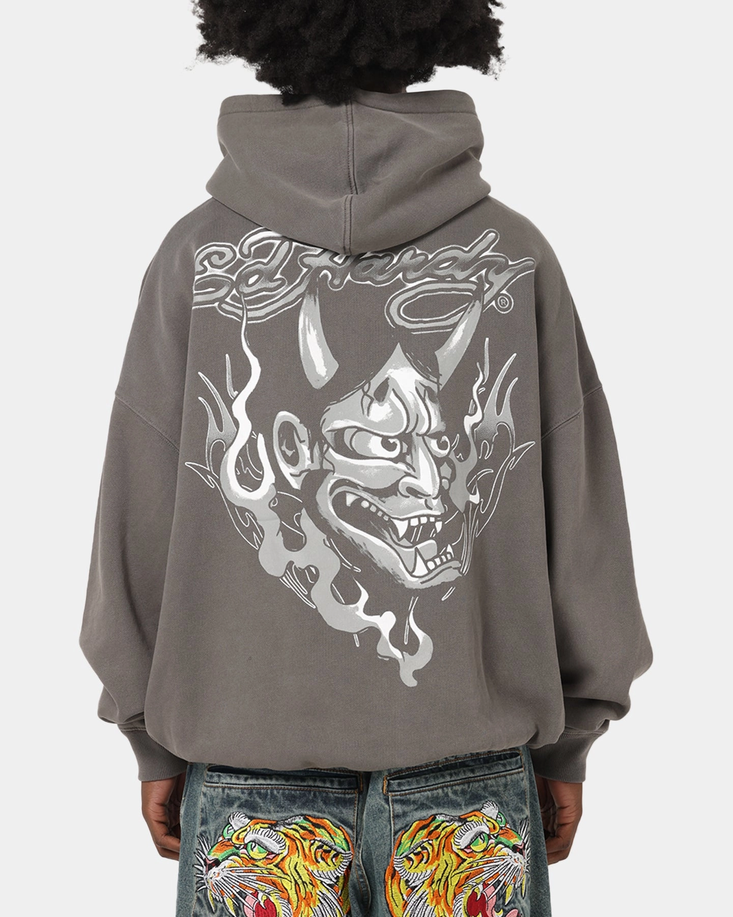 Warm Insulation Anti Static Lining Ed Hardy Double Horns Hoodie Washed Charcoal