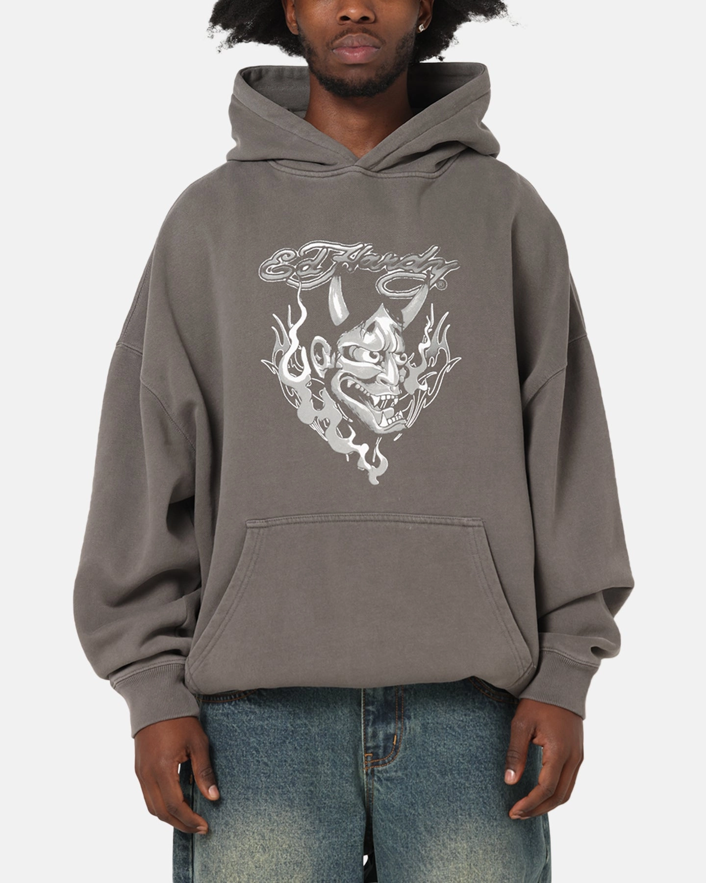 Silkiness Ed Hardy Double Horns Hoodie Washed Charcoal