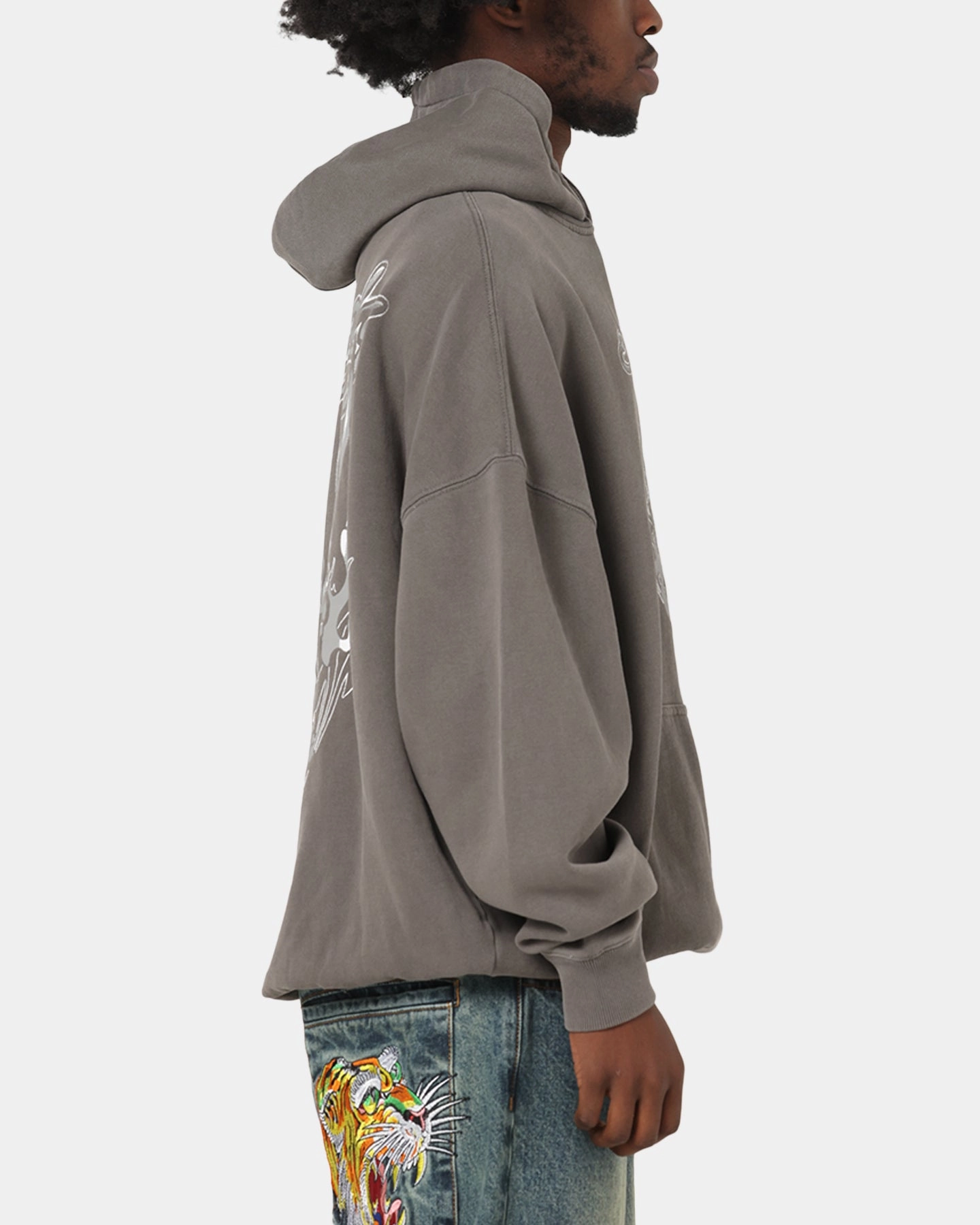 Cropped Style Shark like Ed Hardy Double Horns Hoodie Washed Charcoal