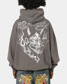 Warm Insulation Anti Static Lining Ed Hardy Double Horns Hoodie Washed Charcoal