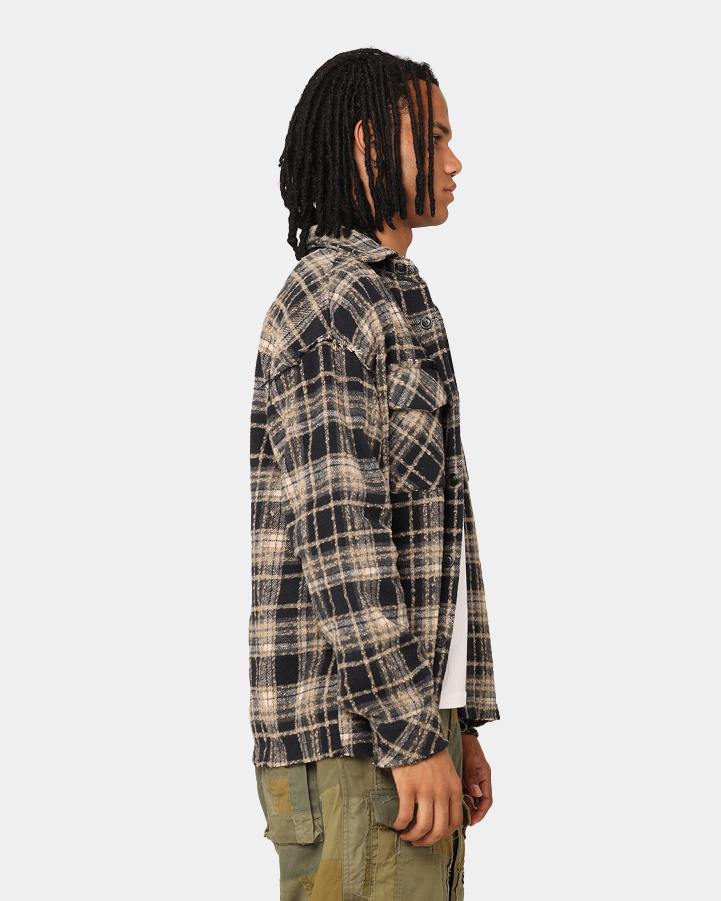 XXIII Distressed Flannel Jacket Navy/Cream Button Closure