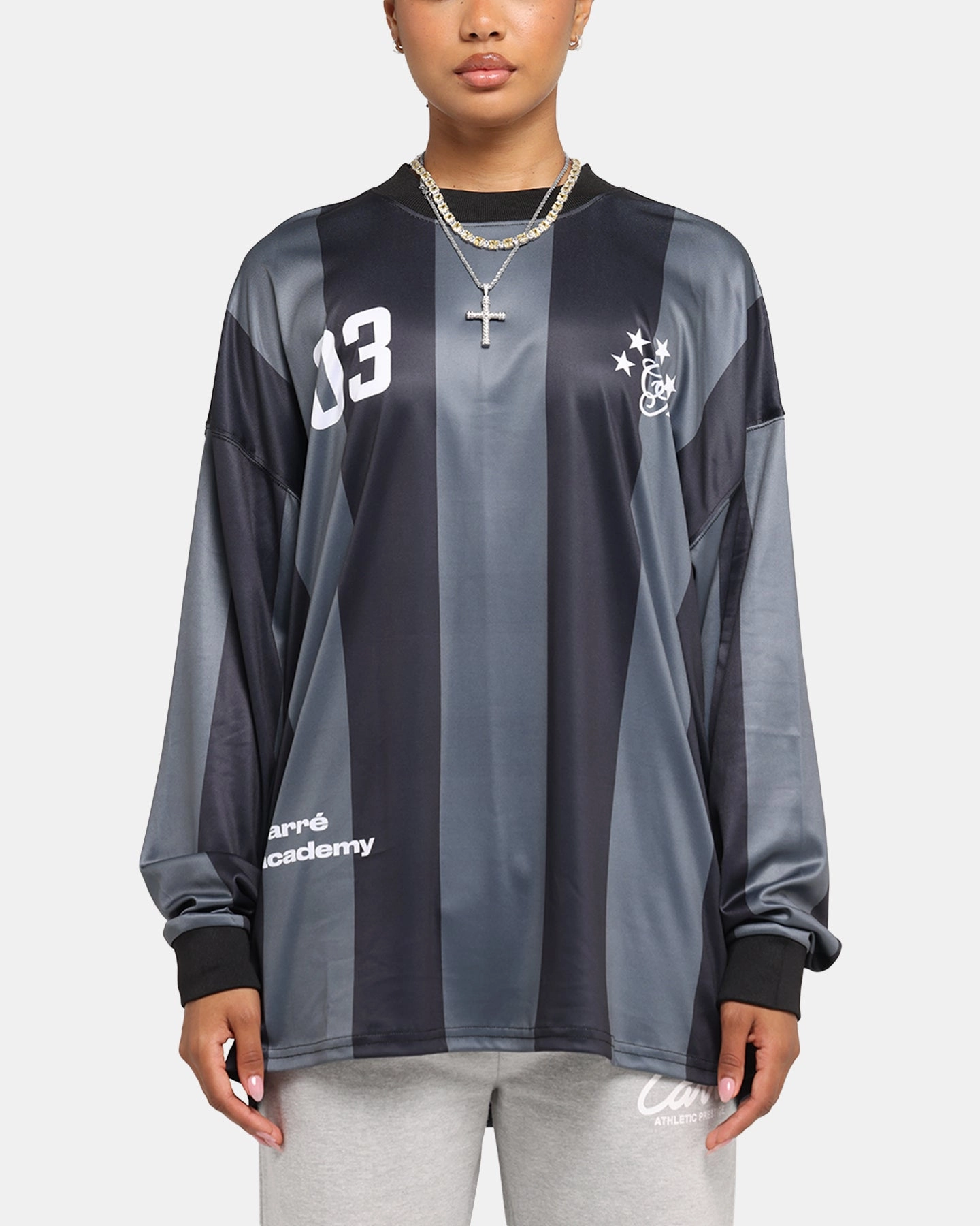 BreathableMeshLining print design Carre Academy Oversized Long Sleeve T-Shirt Black/Grey