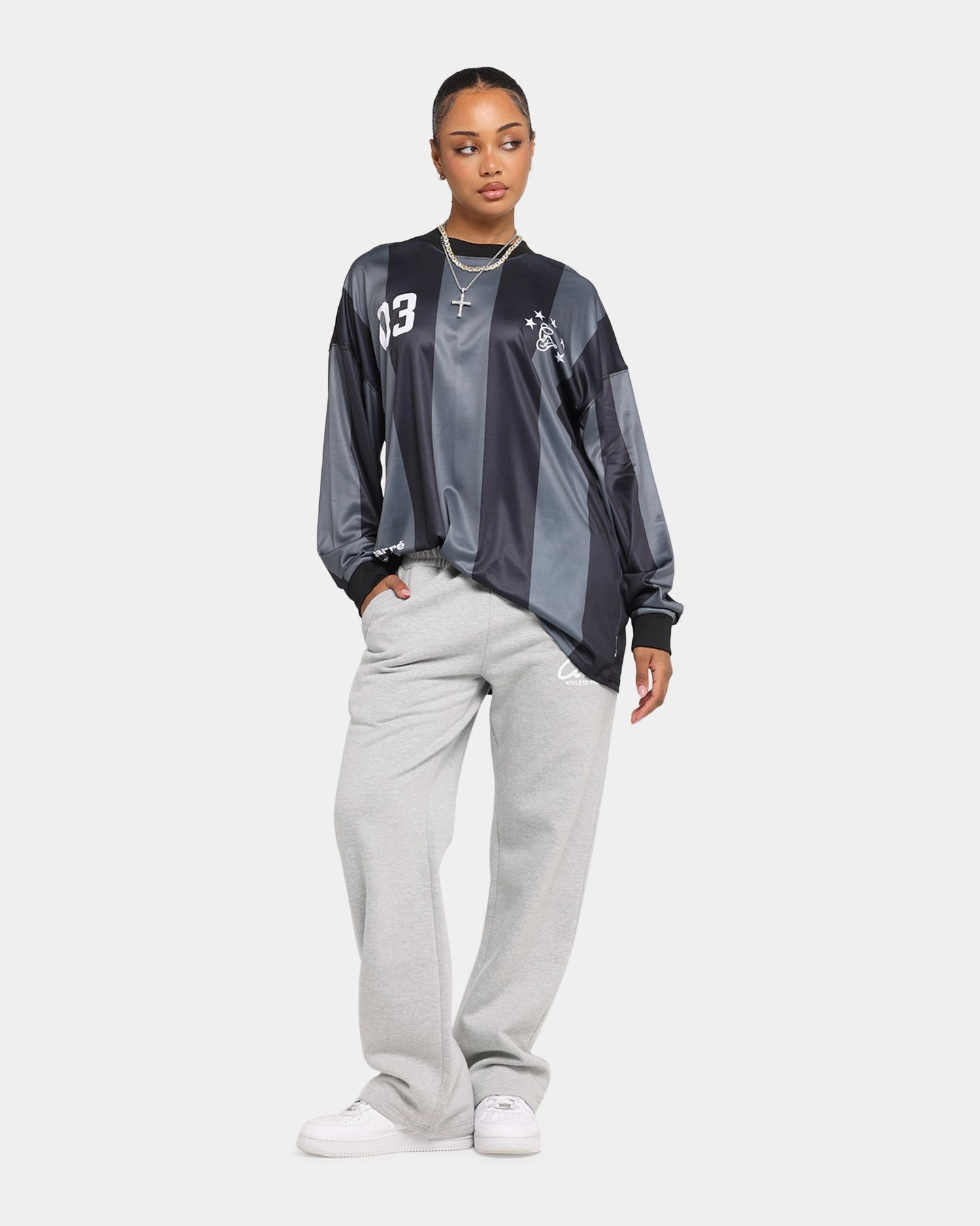 Light Fashion Stretch Knit Carre Academy Oversized Long Sleeve T-Shirt Black/Grey