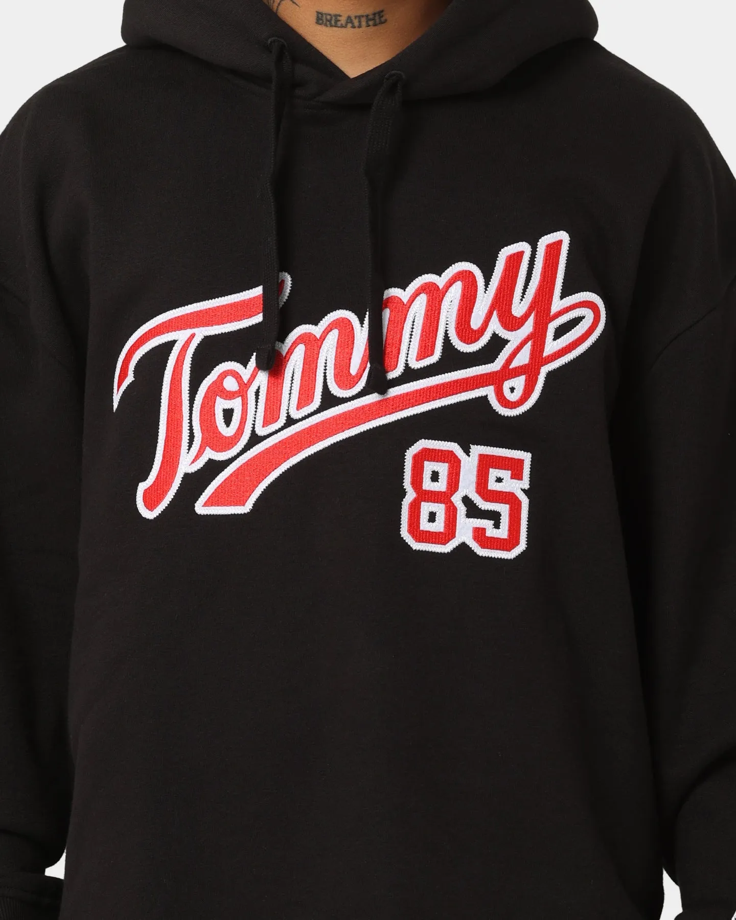 Tommy Jeans TJM Relaxed College 85 Hoodie Black SlitPockets Embroidered