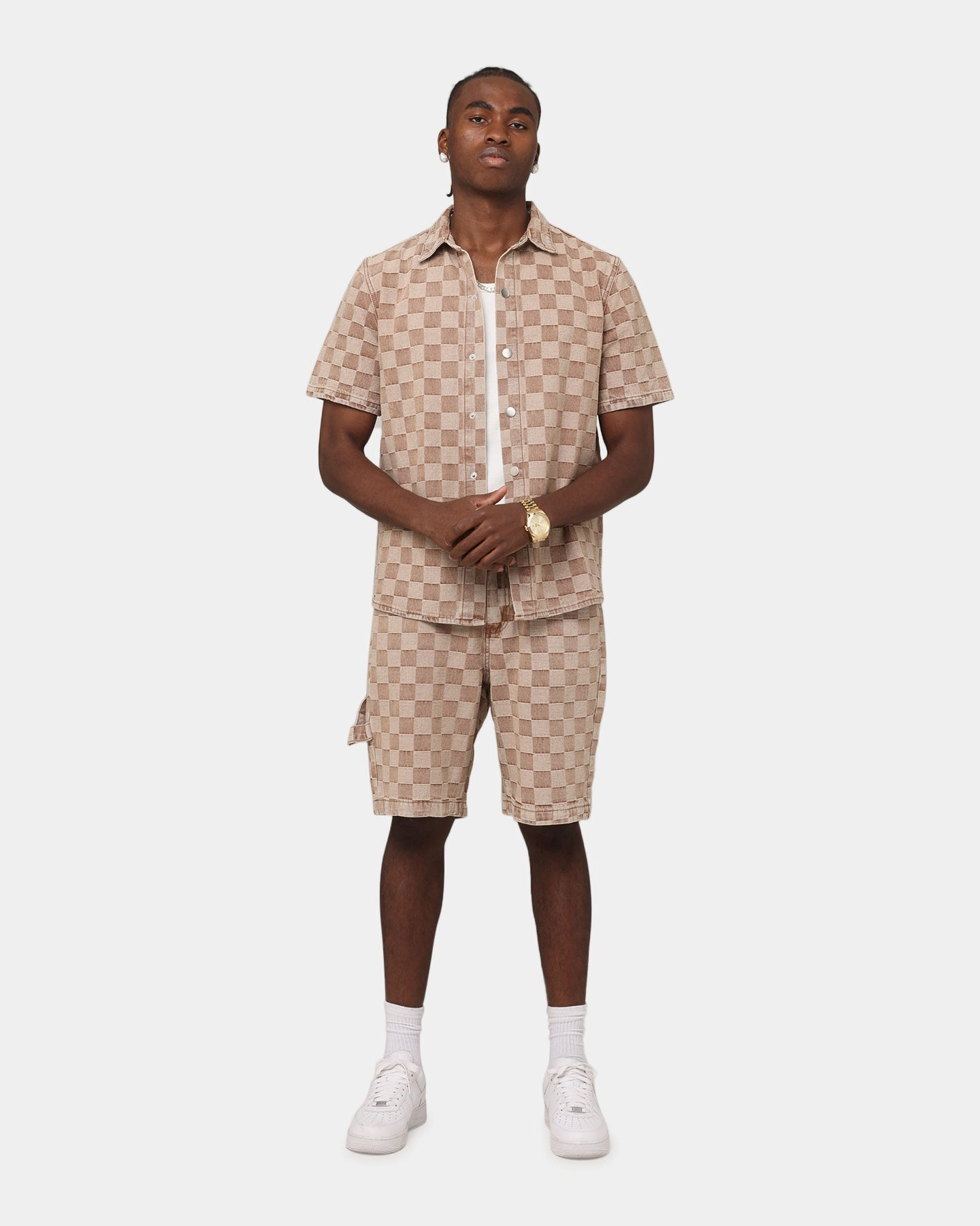 Fade Resistant Dye Timeless Comfort Fit XXIII Checker Board Jort Tan