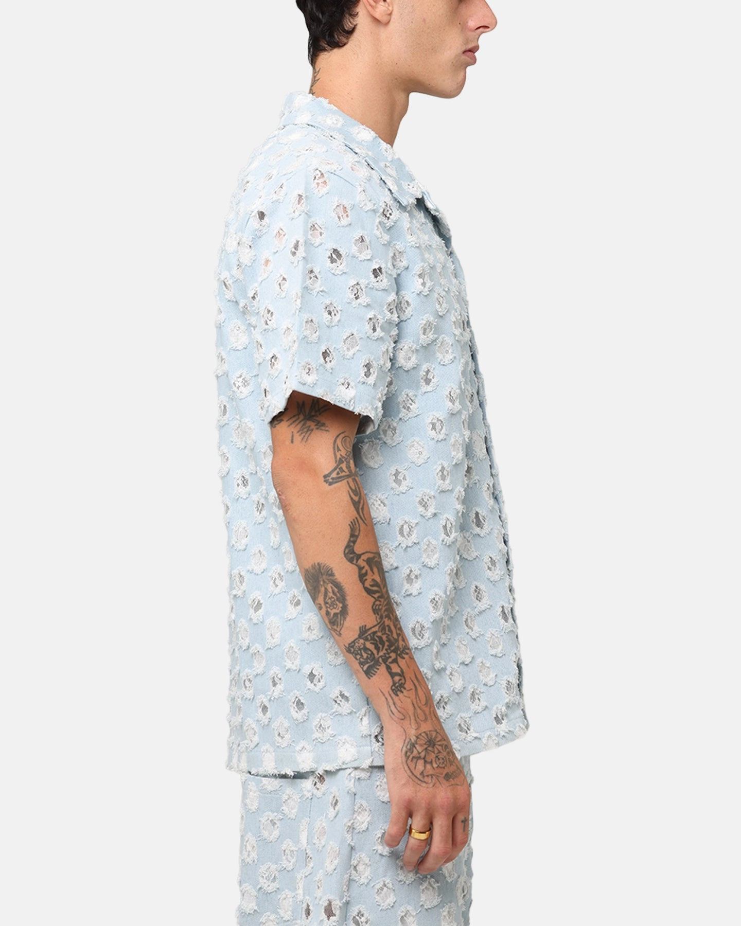 Corporate Event XXIII Lace Textured Denin Button Up Shirt Light Blue