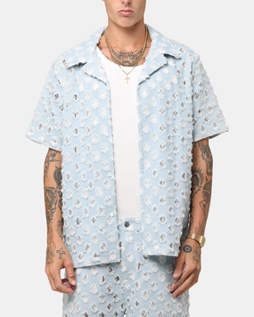 XXIII Lace Textured Denin Button Up Shirt Light Blue Graduation Ceremony Trendsetting Design